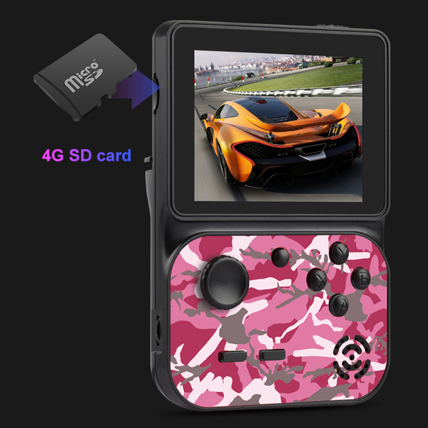 Una consola de juegos portátil que muestra un juego de carreras de coches. Una tarjeta micro SD está cerca de la consola.