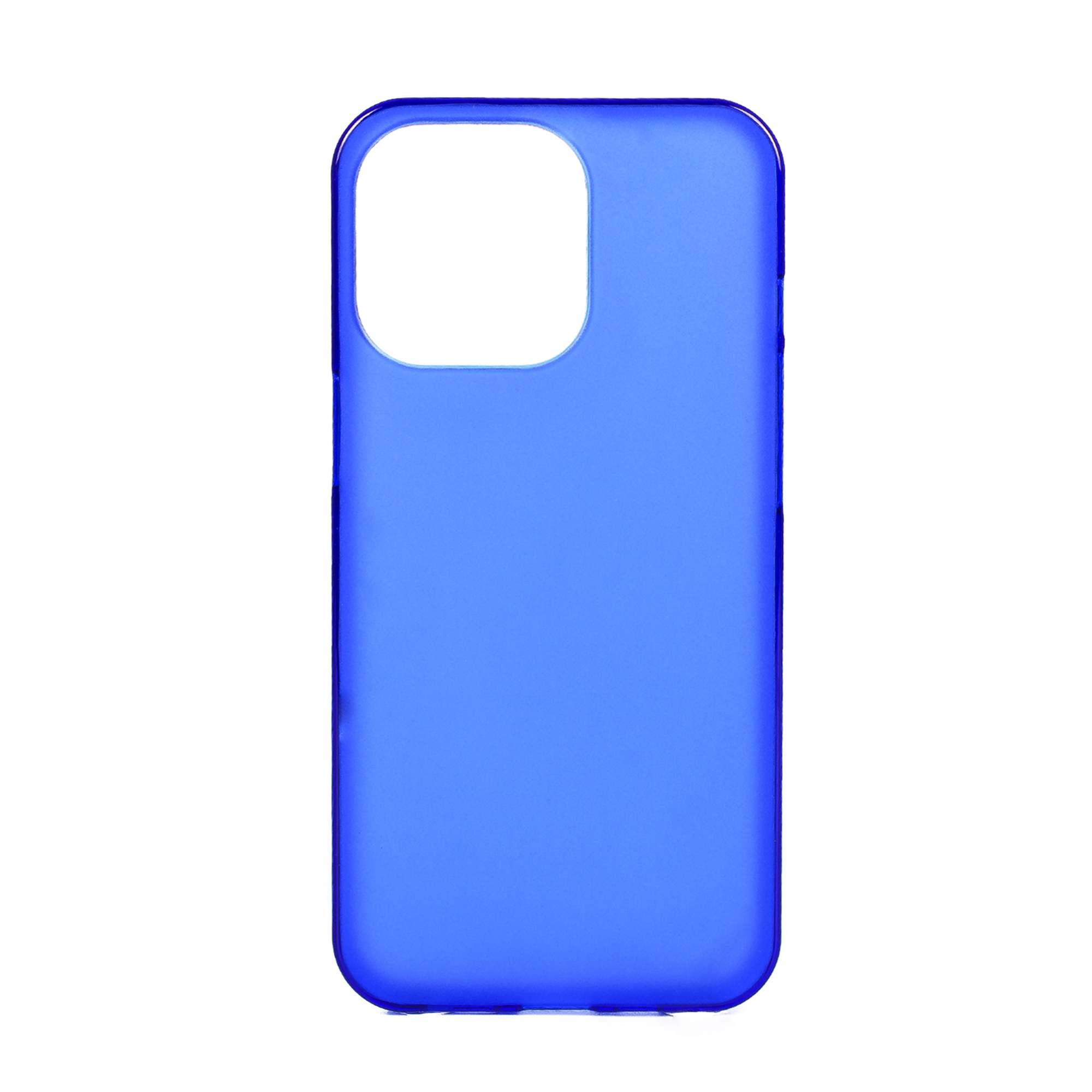 Custodia blu per telefono, con il ritaglio della fotocamera, isolata su sfondo bianco.