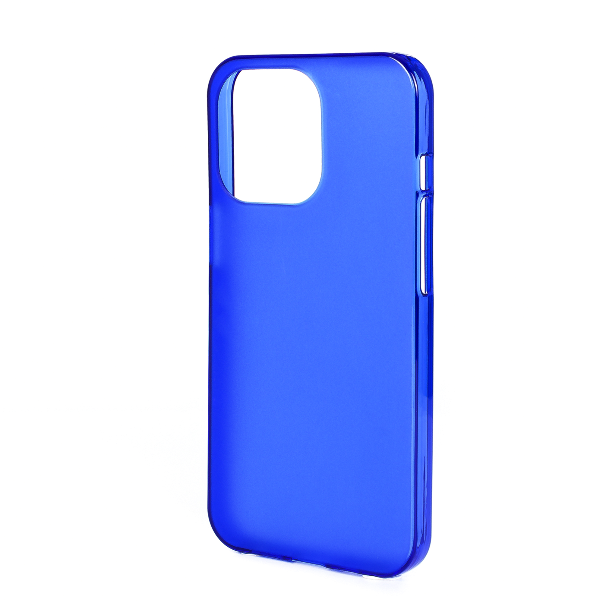 Custodia blu per telefono con finitura lucida. Mostrata su sfondo bianco.