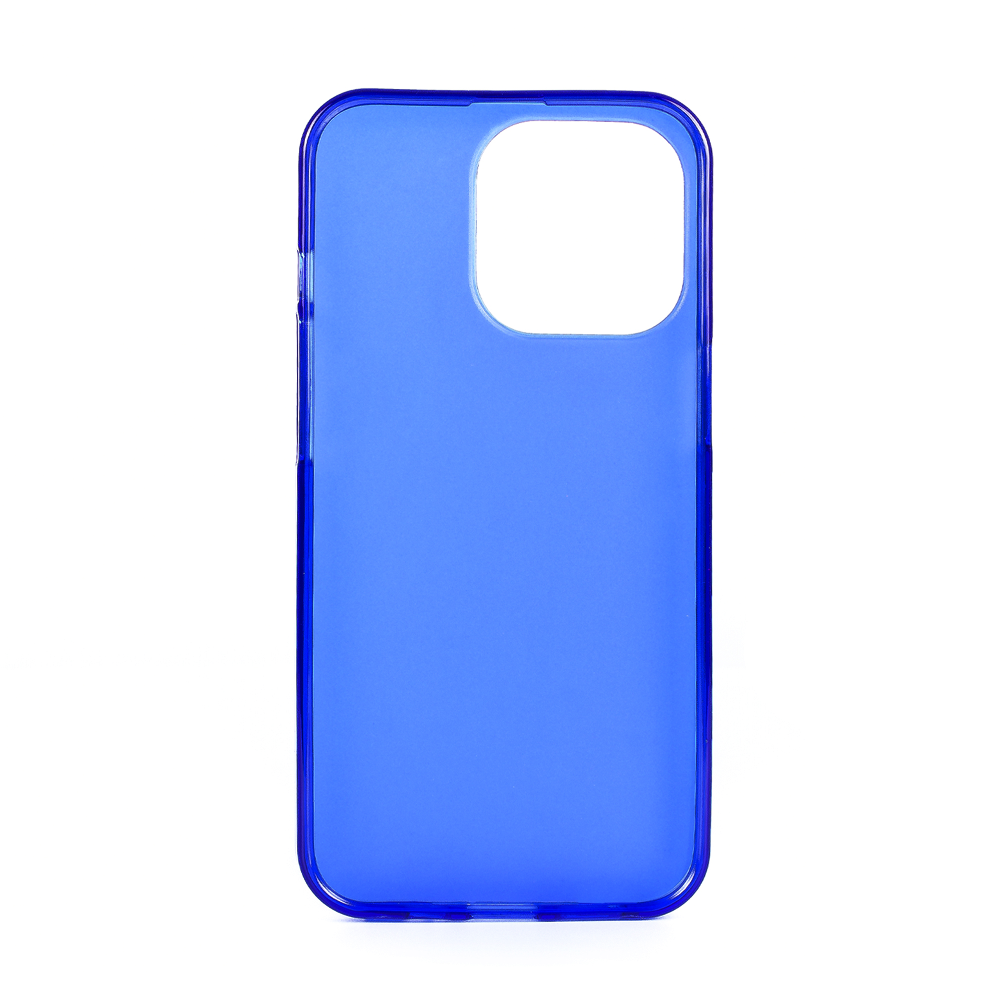 Una custodia per telefono blu trasparente. Ha un ritaglio per la fotocamera.