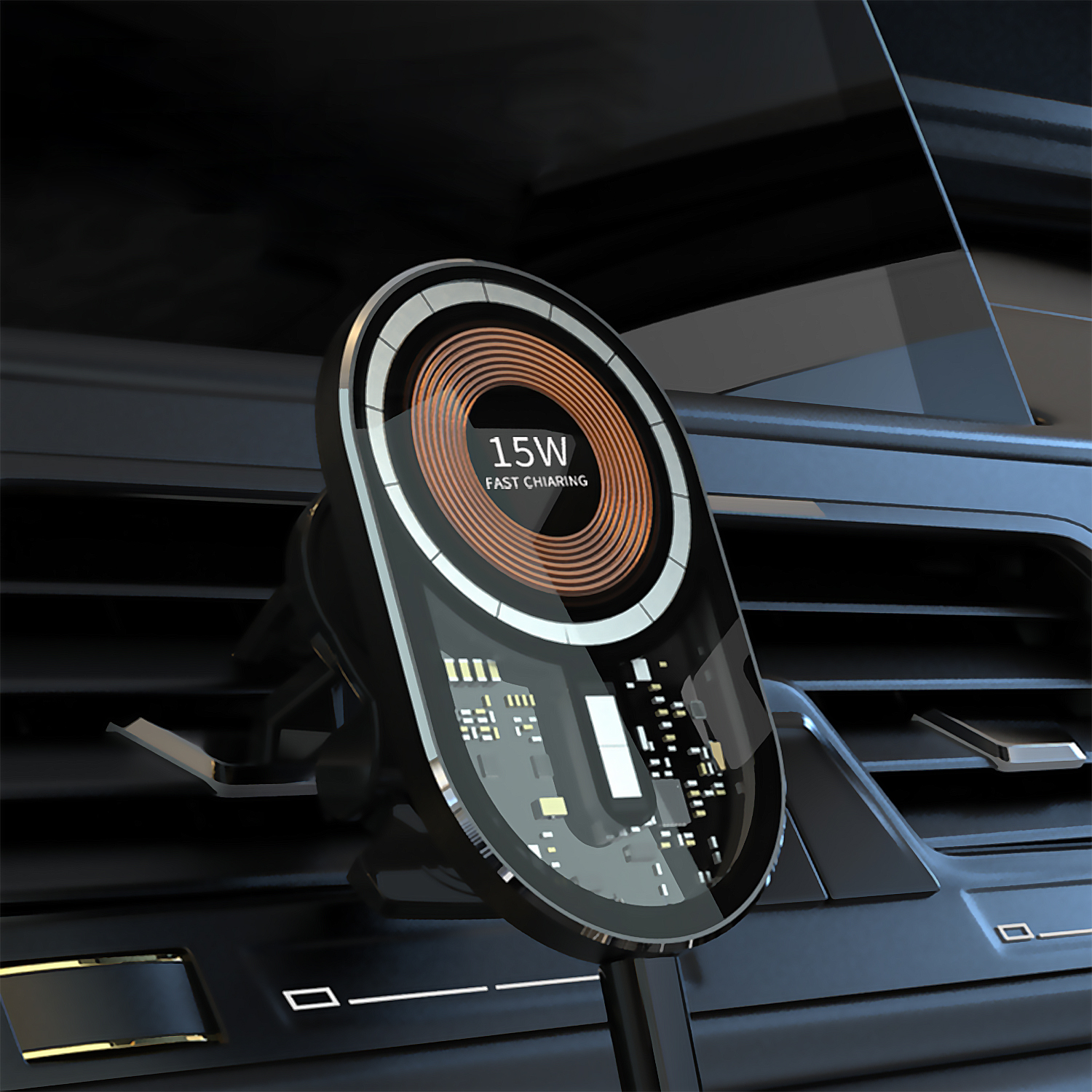 Un dispositivo di ricarica wireless nero è montato sulla bocchetta dell'aria di un'auto. Testo ricarica rapida 15W visibile.