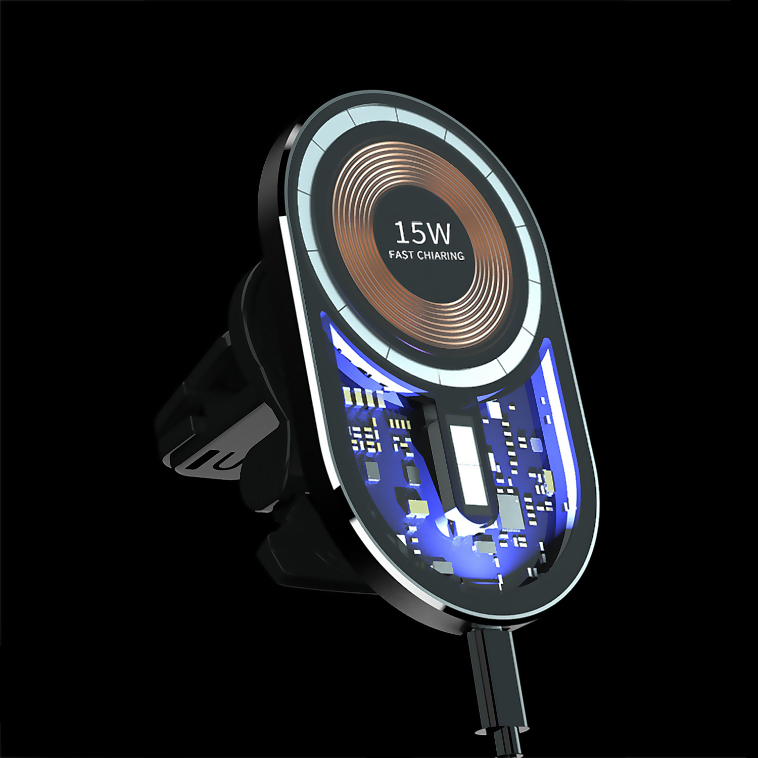 Dispositivo di ricarica wireless, nero e argento, con luce blu all'interno.