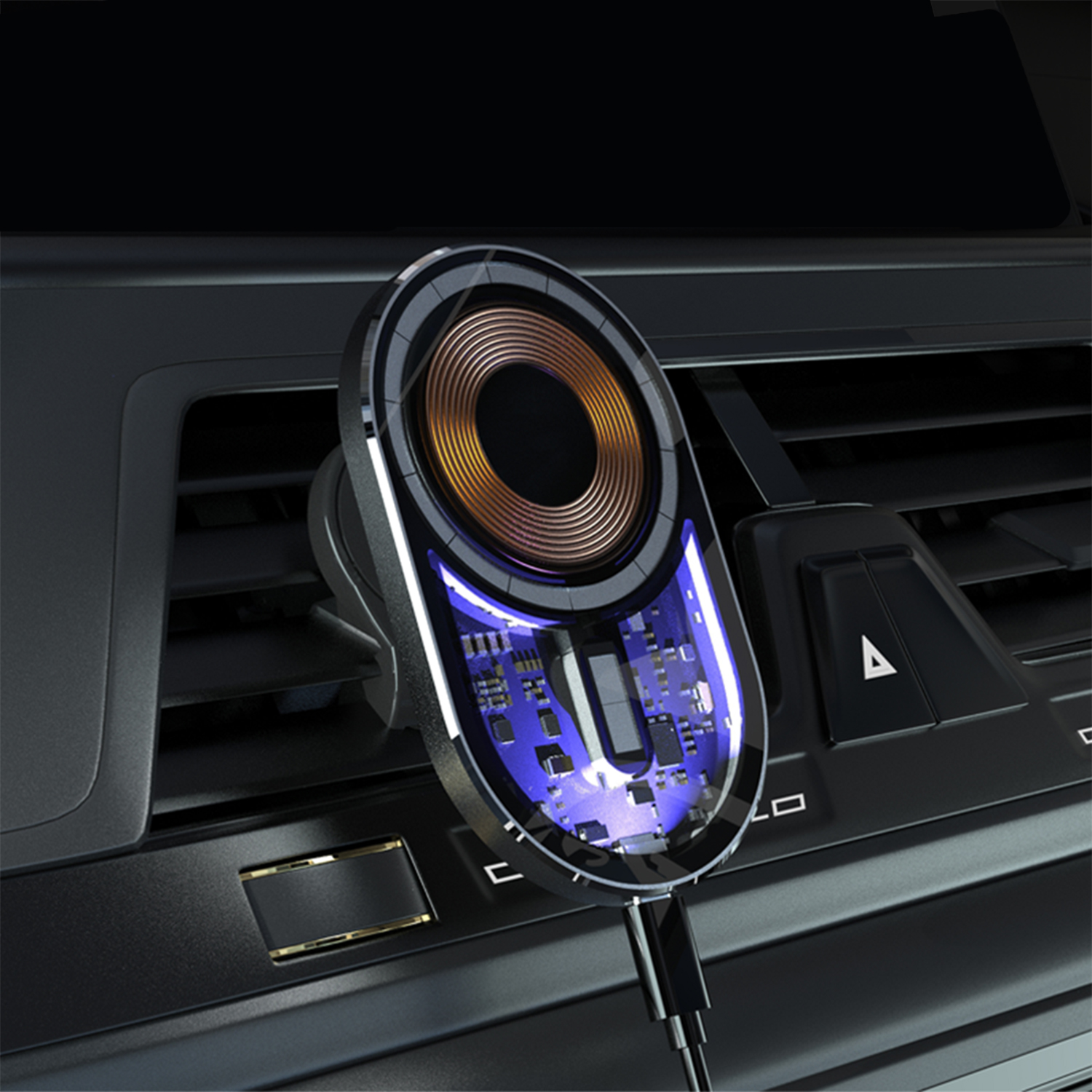 Supporto per bocchetta dell'auto con caricatore wireless, bobina di rame, nero e argento, in un'auto.