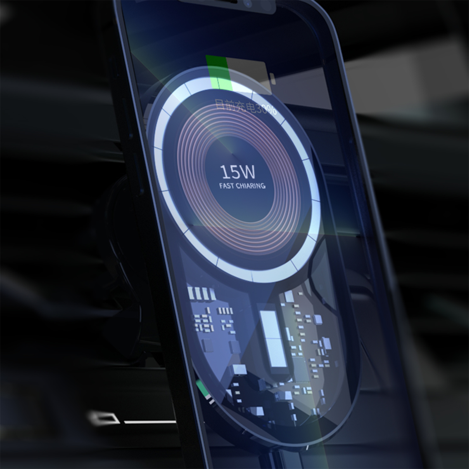 Un telefono che mostra una schermata di ricarica su sfondo scuro. Lo schermo mostra un simbolo di ricarica rapida da 15 W.