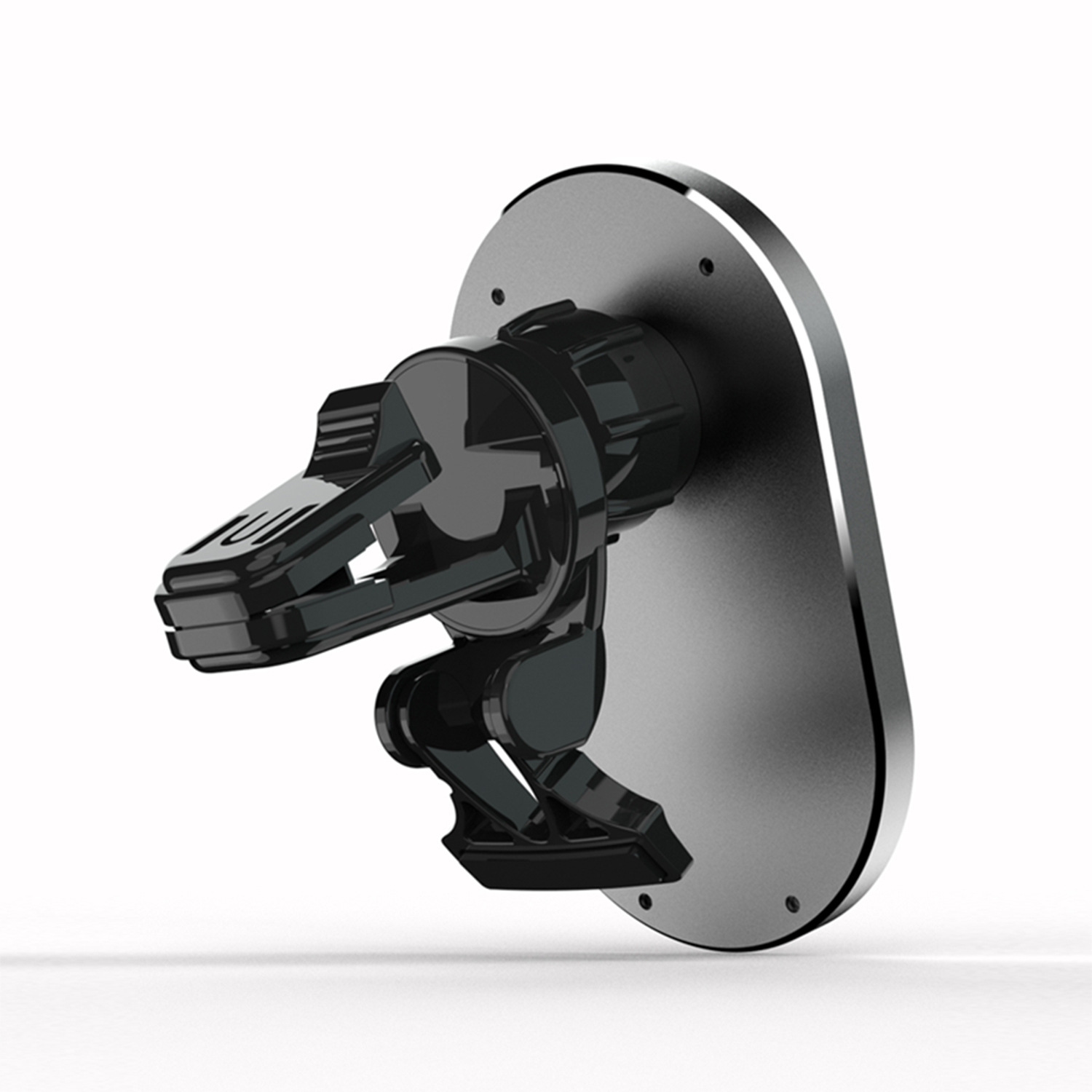 Supporto nero per telefono da auto. Montato su base circolare argentata.