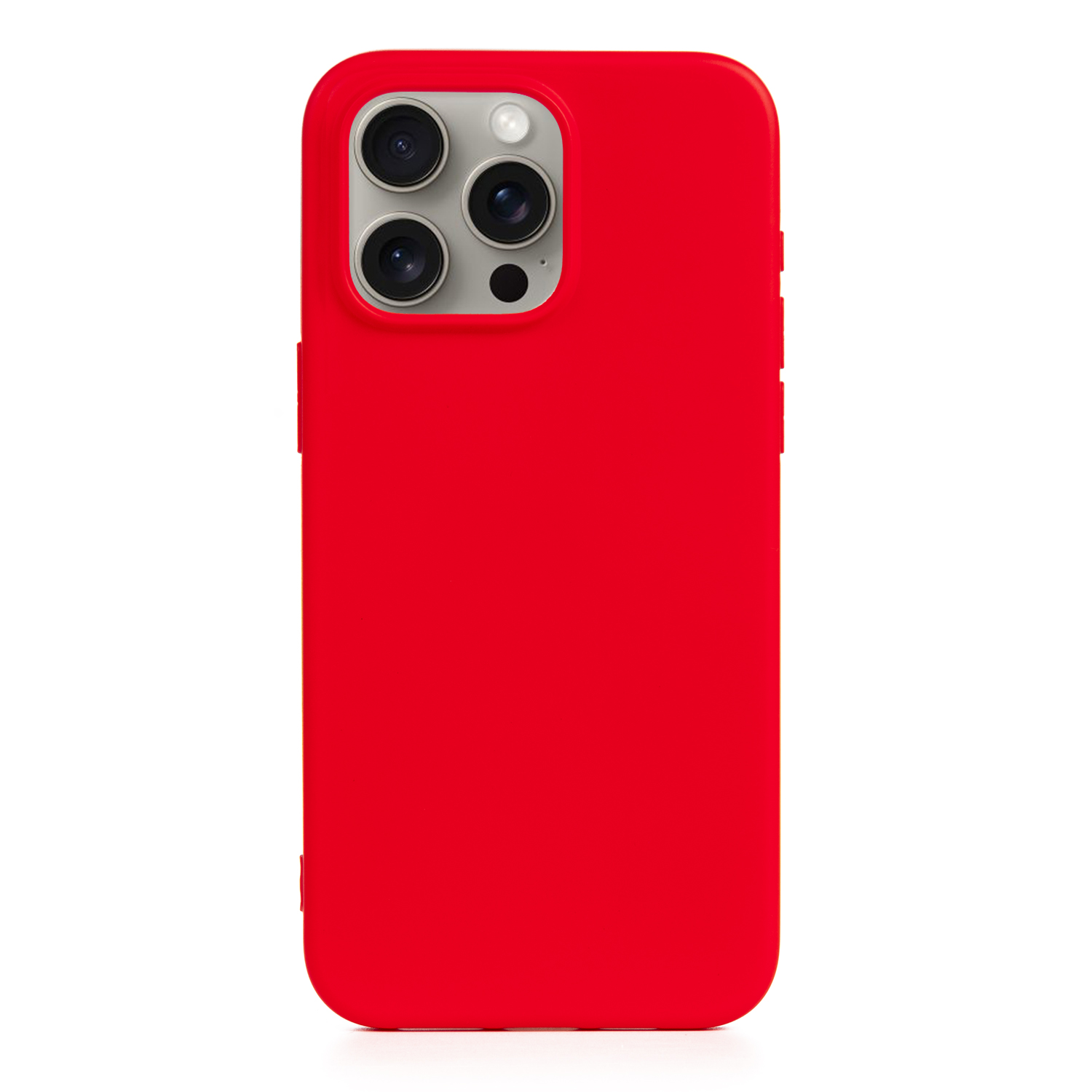 Una custodia rossa per telefono con tre obiettivi della fotocamera. La custodia è su sfondo bianco.