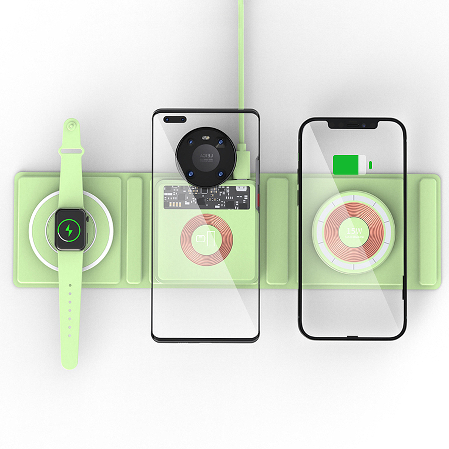 Base di ricarica verde con un Apple Watch, un telefono e un altro telefono.