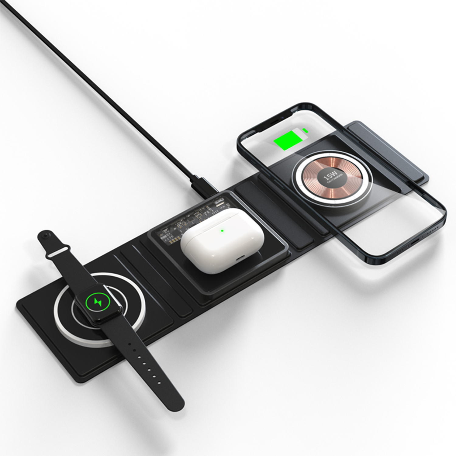 Una stazione di ricarica con smartwatch, telefono e auricolari. Il telefono si ricarica in modalità wireless. Bianco e nero.