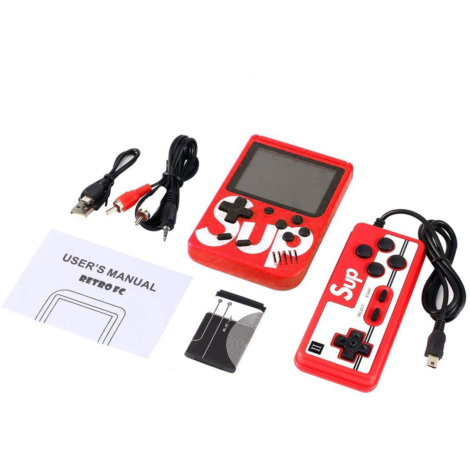 Consola de juegos Retro FC con accesorios como cables USB, un controlador y un manual de usuario.