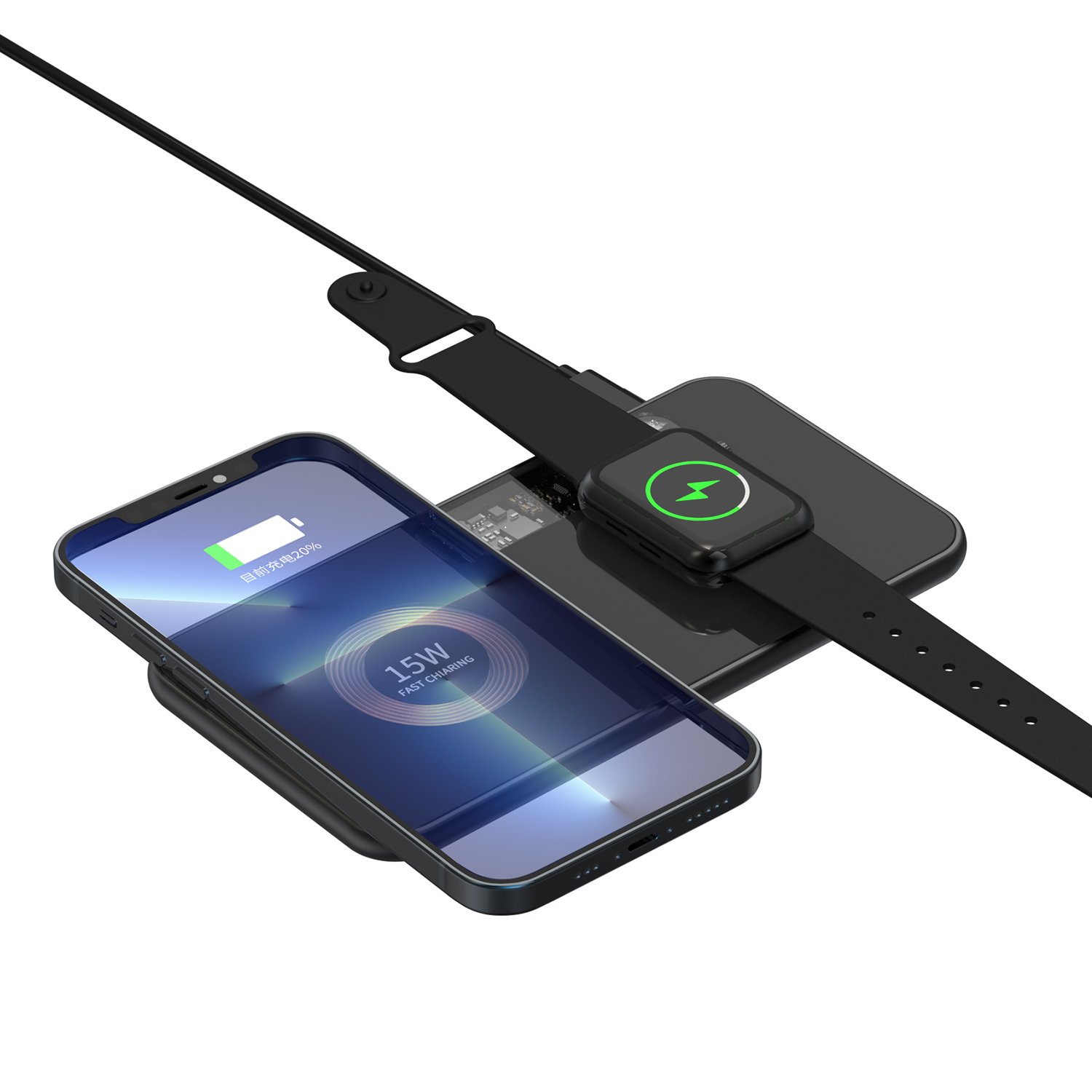Un telefono e uno smartwatch in carica su un tappetino di ricarica wireless nero. Il telefono mostra una carica del 20%.