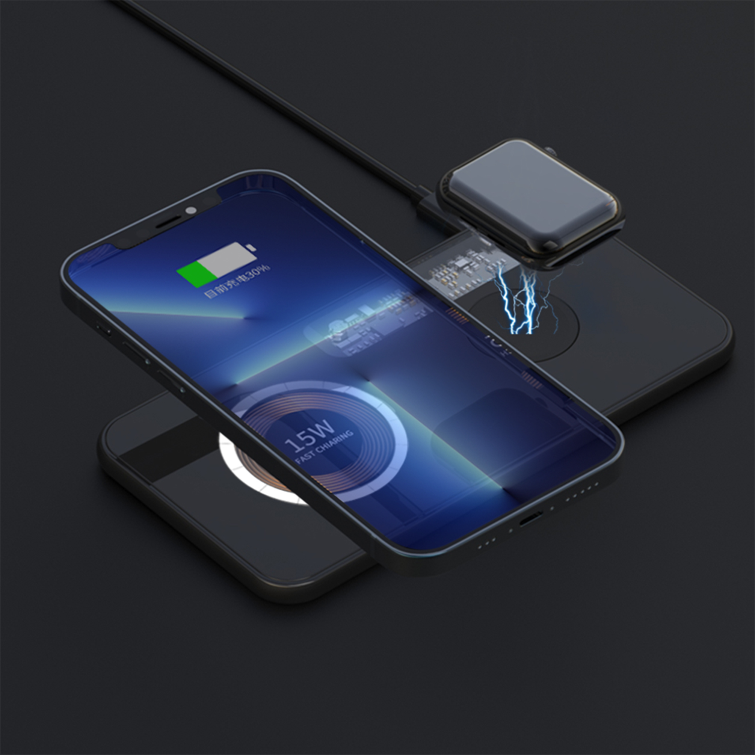 Uno smartphone in carica wireless su un pad, con un altro telefono e fulmini.
