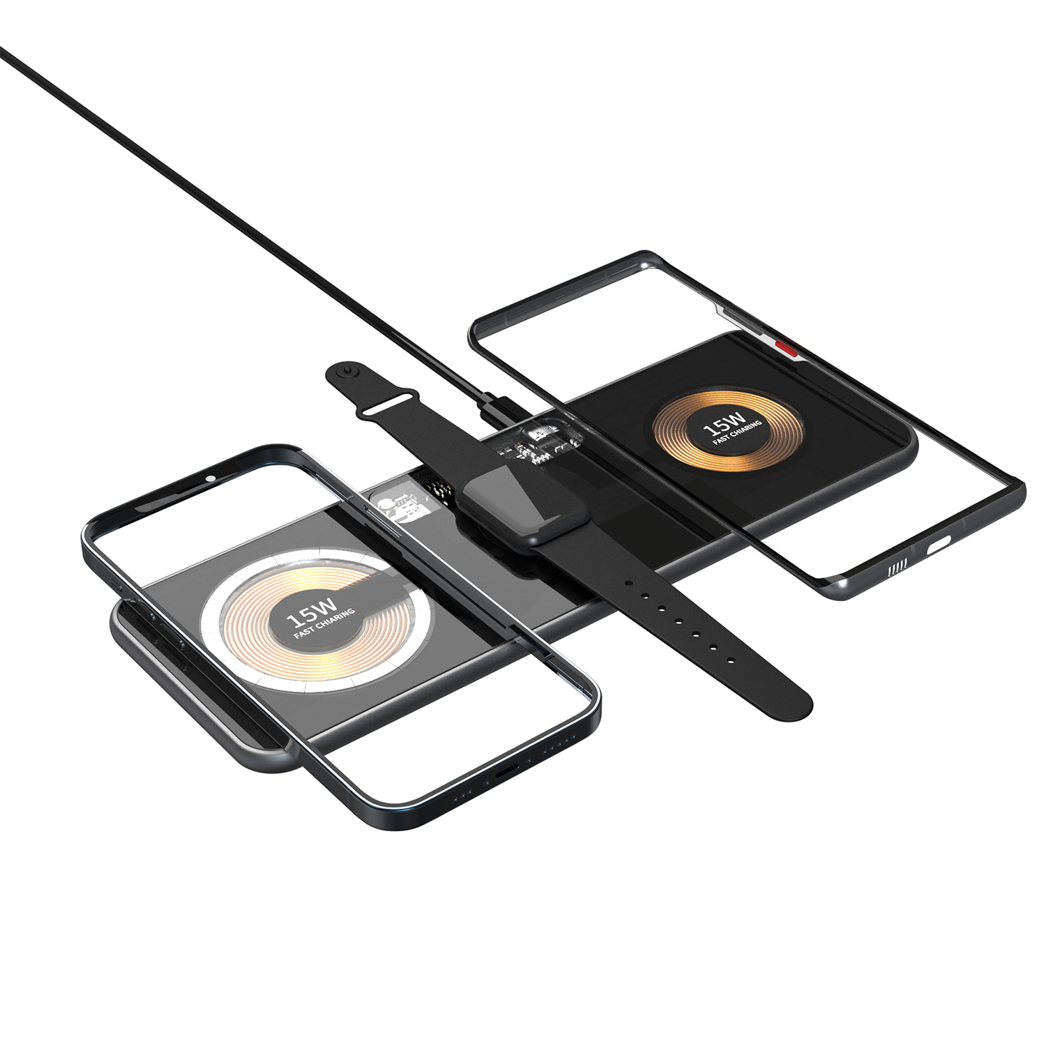 Configurazione di ricarica wireless. Telefoni, orologio e base di ricarica. Bianco e nero.