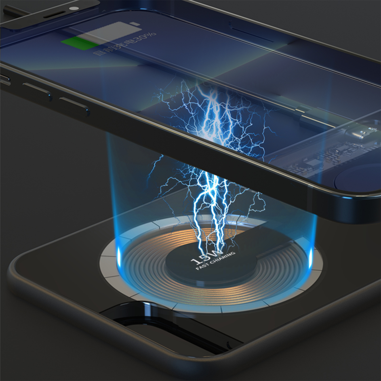 Un telefono in carica wireless. Effetto energia blu. Superficie nera.