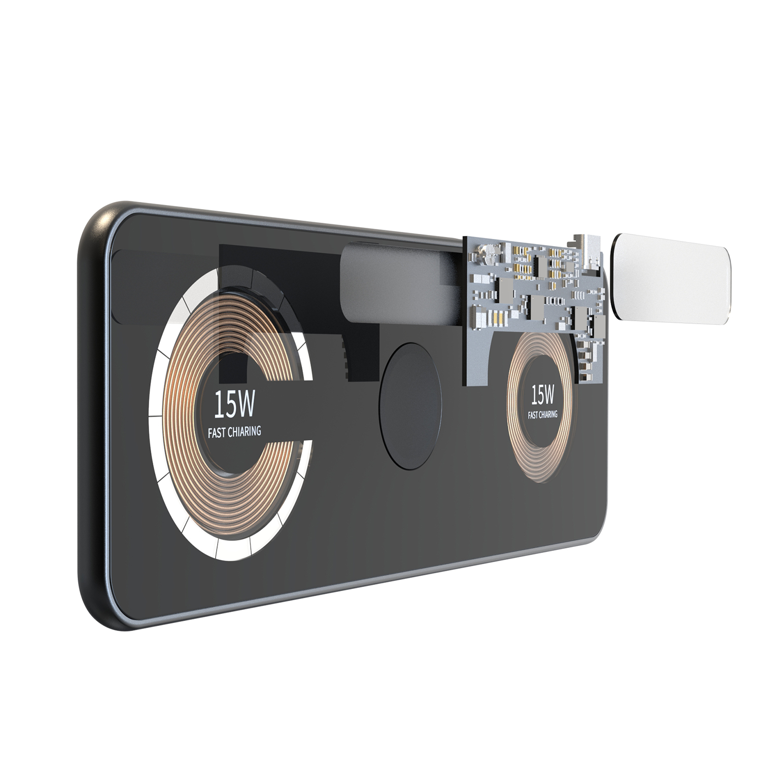 Un caricabatterie wireless nero con vista in sezione che mostra i componenti interni e le bobine di rame.