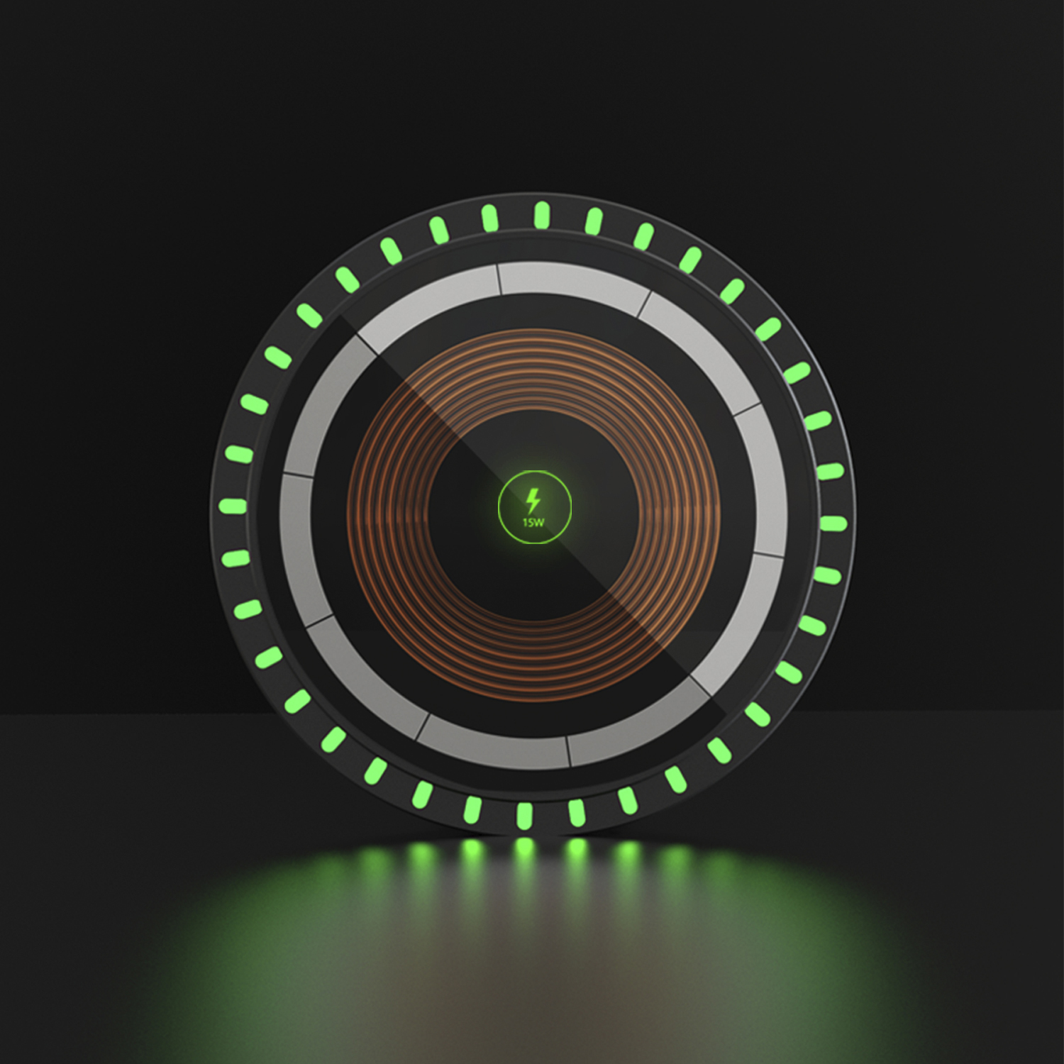 Caricabatterie wireless circolare nero. Con luci LED verdi e un'icona da 15W.