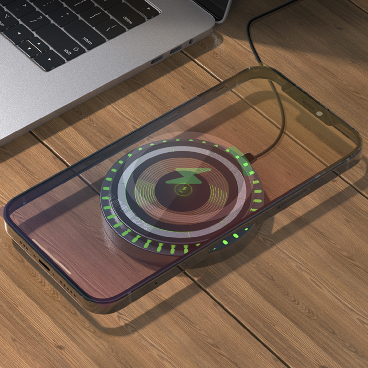 Base di ricarica wireless su superficie in legno con telefono e icona freccia verde.