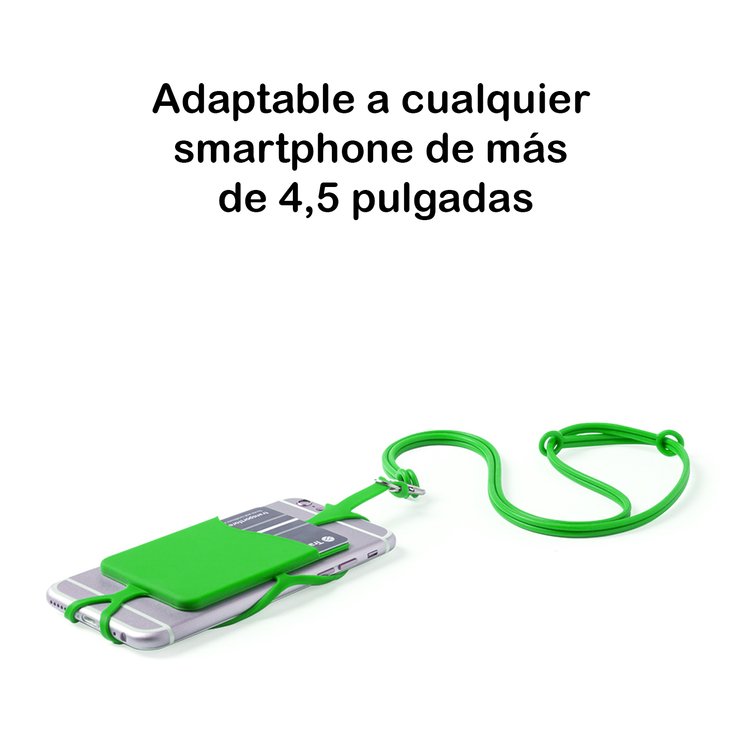 Smartphone mit grünem Lanyard. Text: Anpassbar an jedes Smartphone von mehr als 4,5 Zoll.