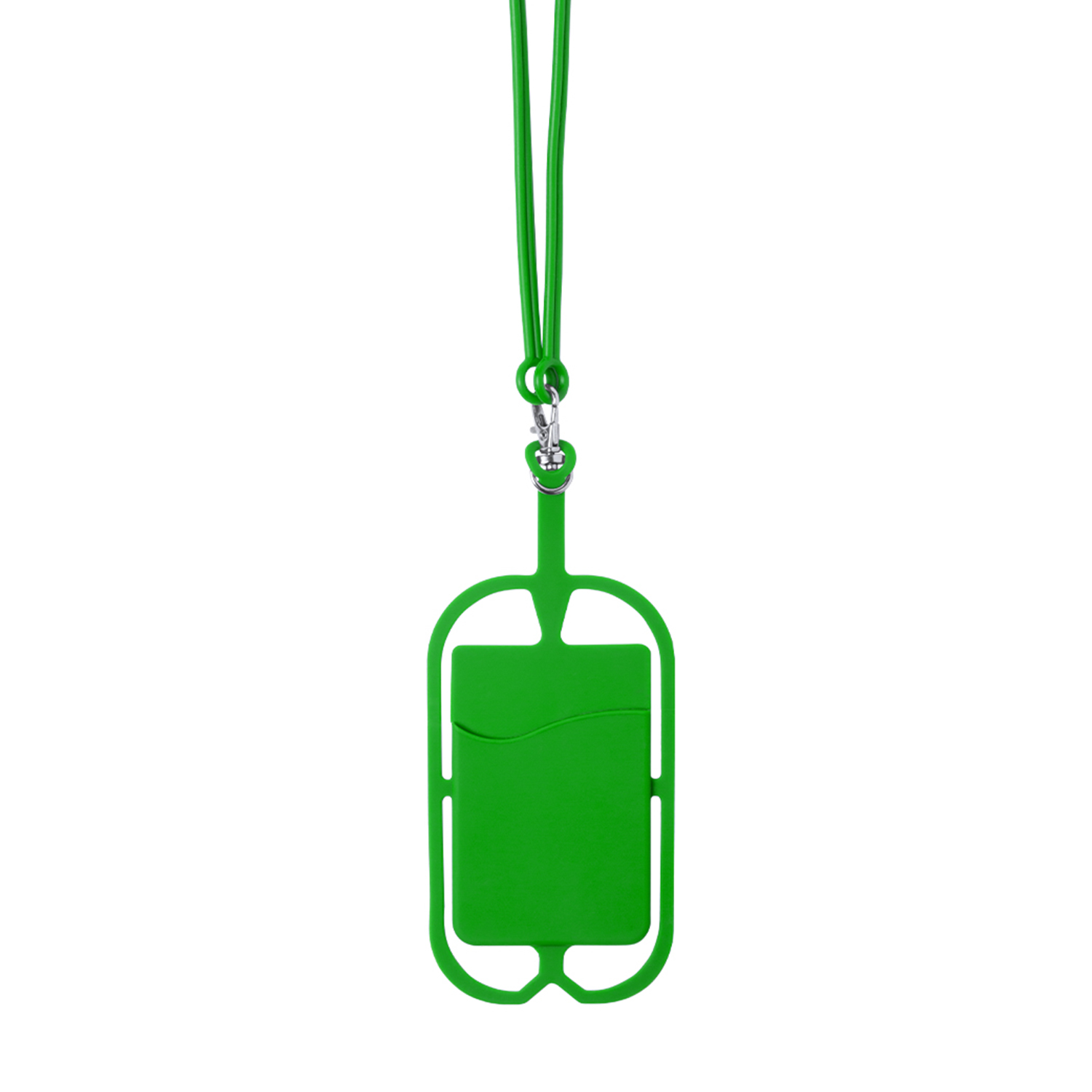 Ein grüner Telefonhalter mit einem Lanyard, auf weißem Hintergrund.
