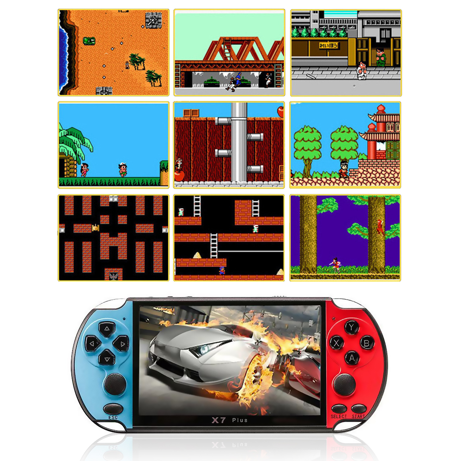 Consola de juegos portátil, azul y roja. La pantalla muestra un juego con carreras de autos.