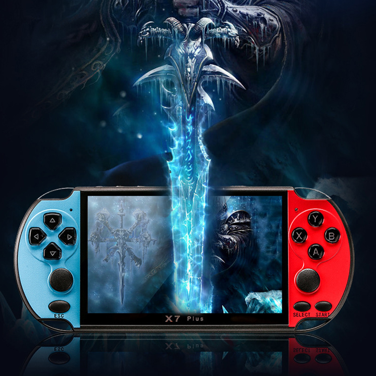 Una consola de juegos portátil con un diseño azul y rojo, que muestra un gráfico de juego en la pantalla.
