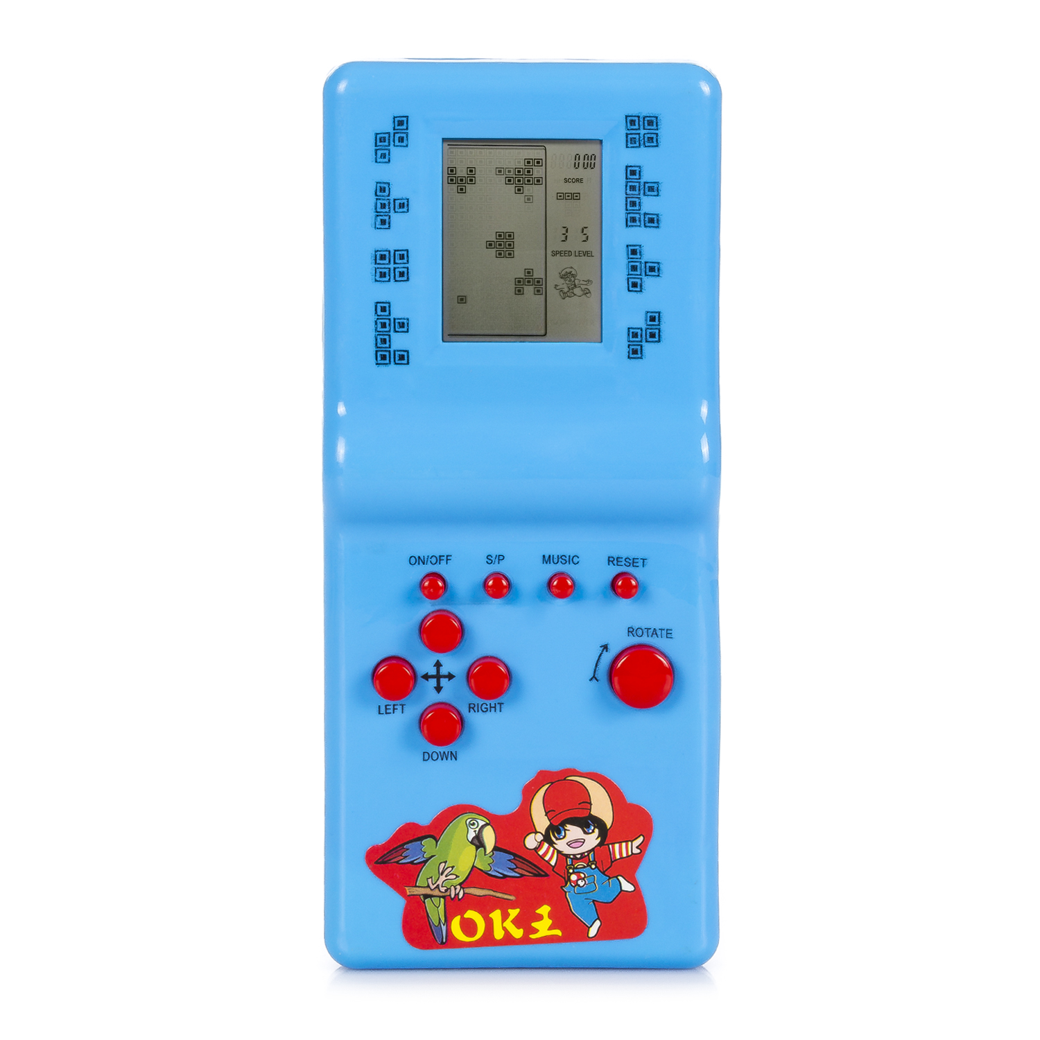 Un juego de Tetris portátil azul con botones y una pantalla que muestra un juego de Tetris.
