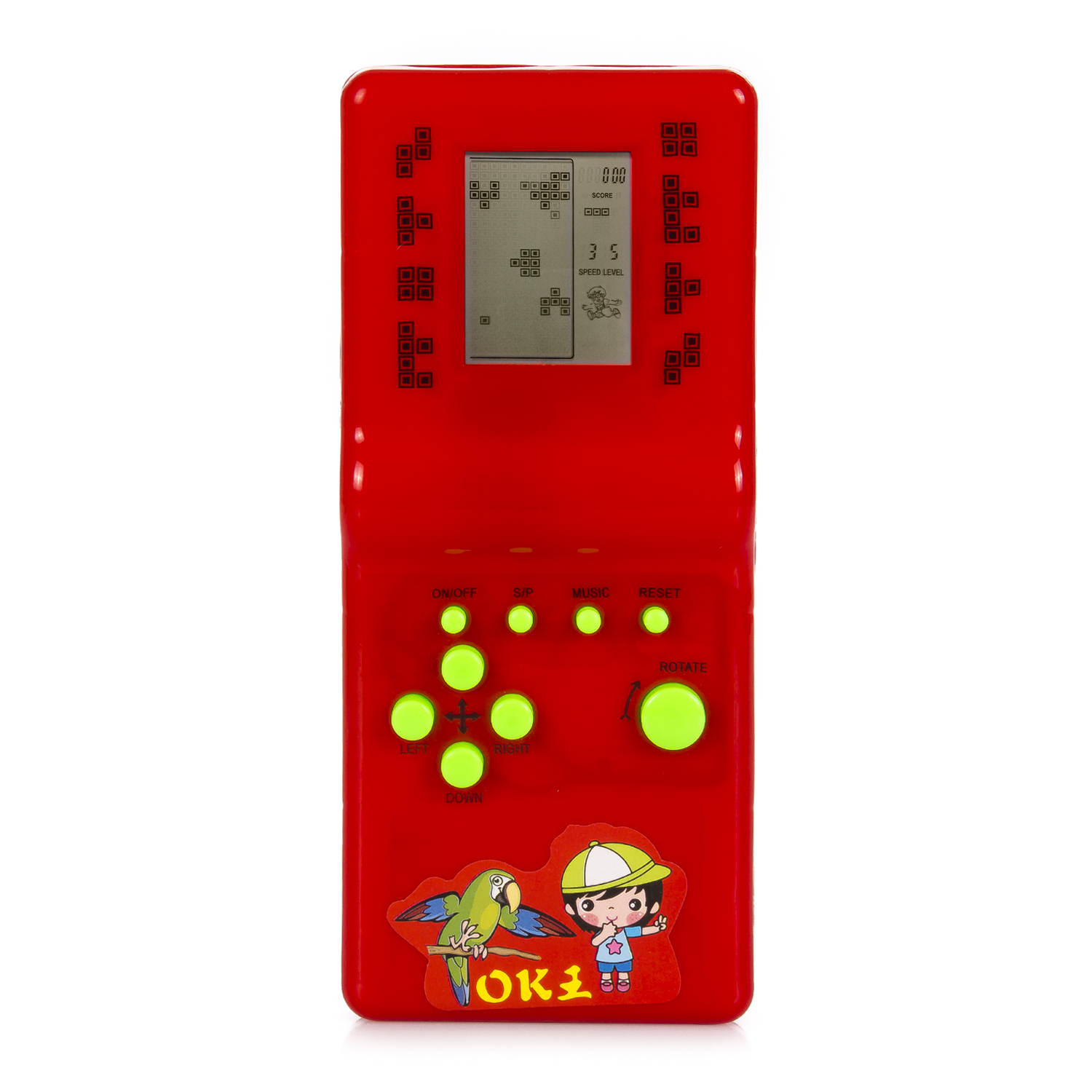 Una console di gioco portatile rossa che mostra un gioco di Tetris. I pulsanti includono on/off, start, ruota e direzionali.