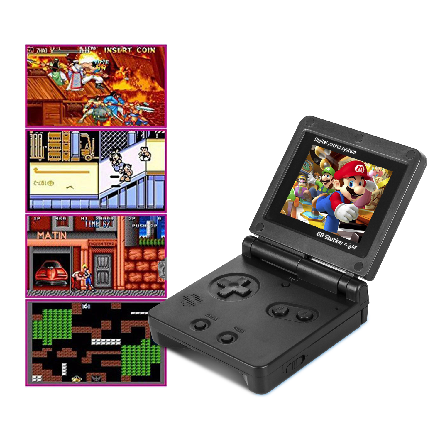 Console di gioco portatile nera con tre schermi di gioco visibili; mostra anche giochi.