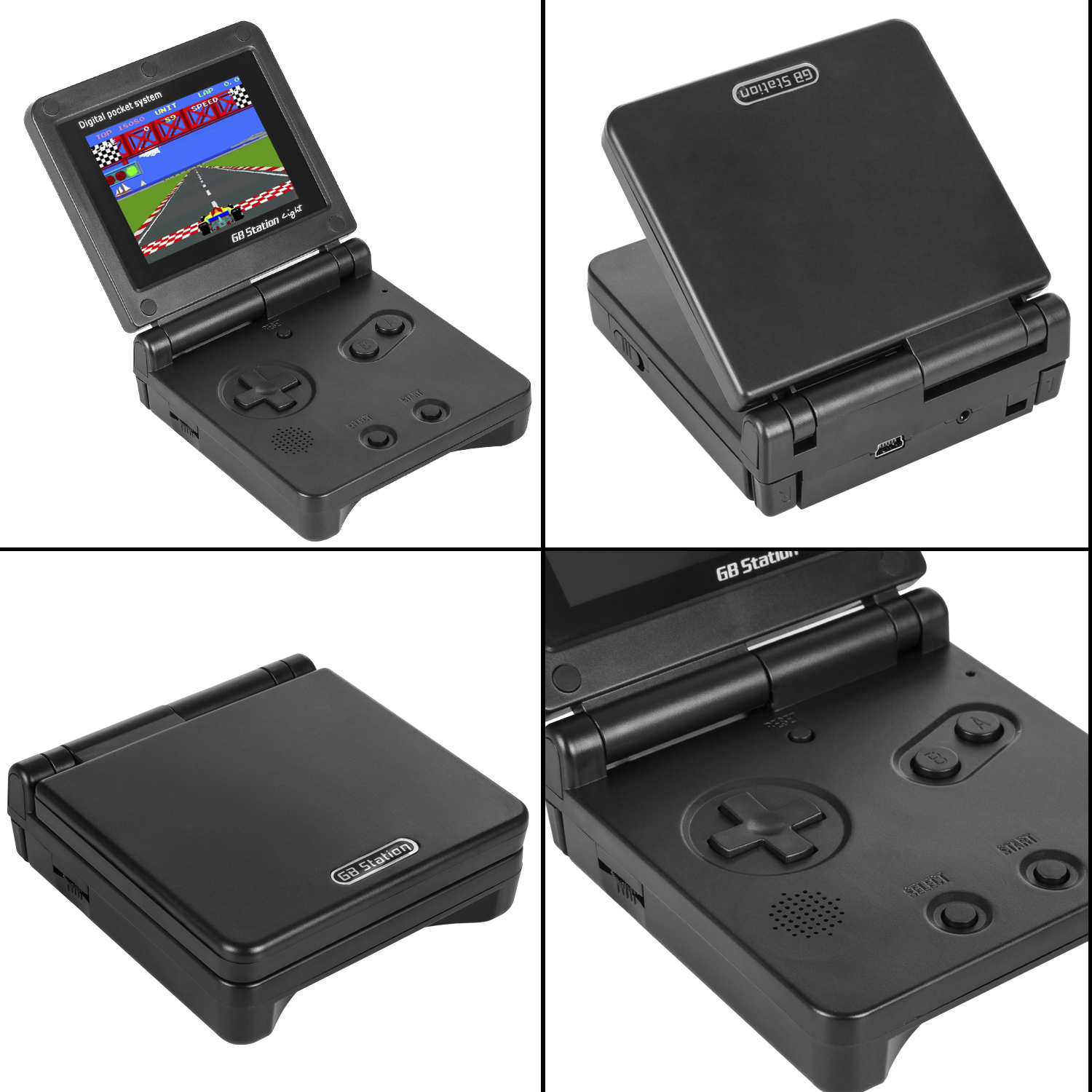 Una console di gioco portatile nera vista da più angolazioni, con un gioco.