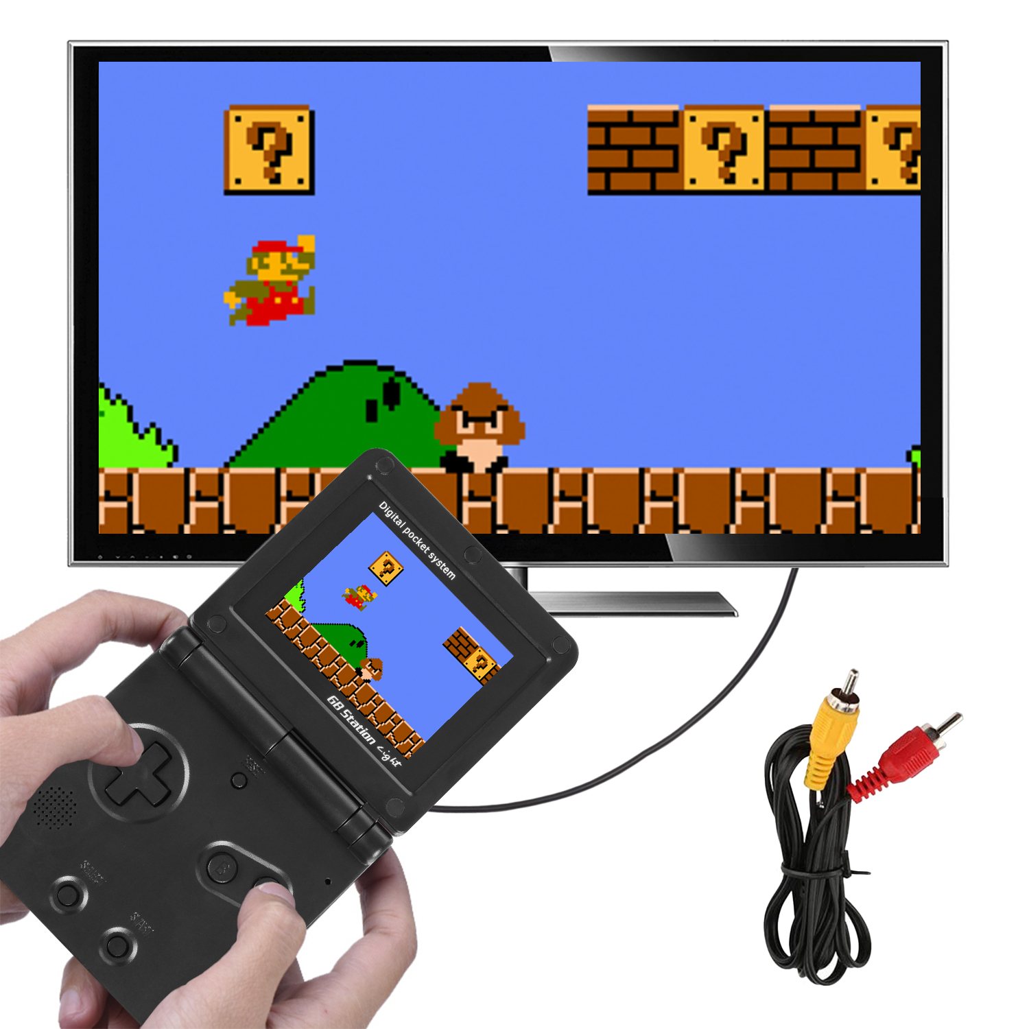 Mani che tengono un Game Boy nero. La TV mostra un gioco retrò. Cavi rossi e gialli.