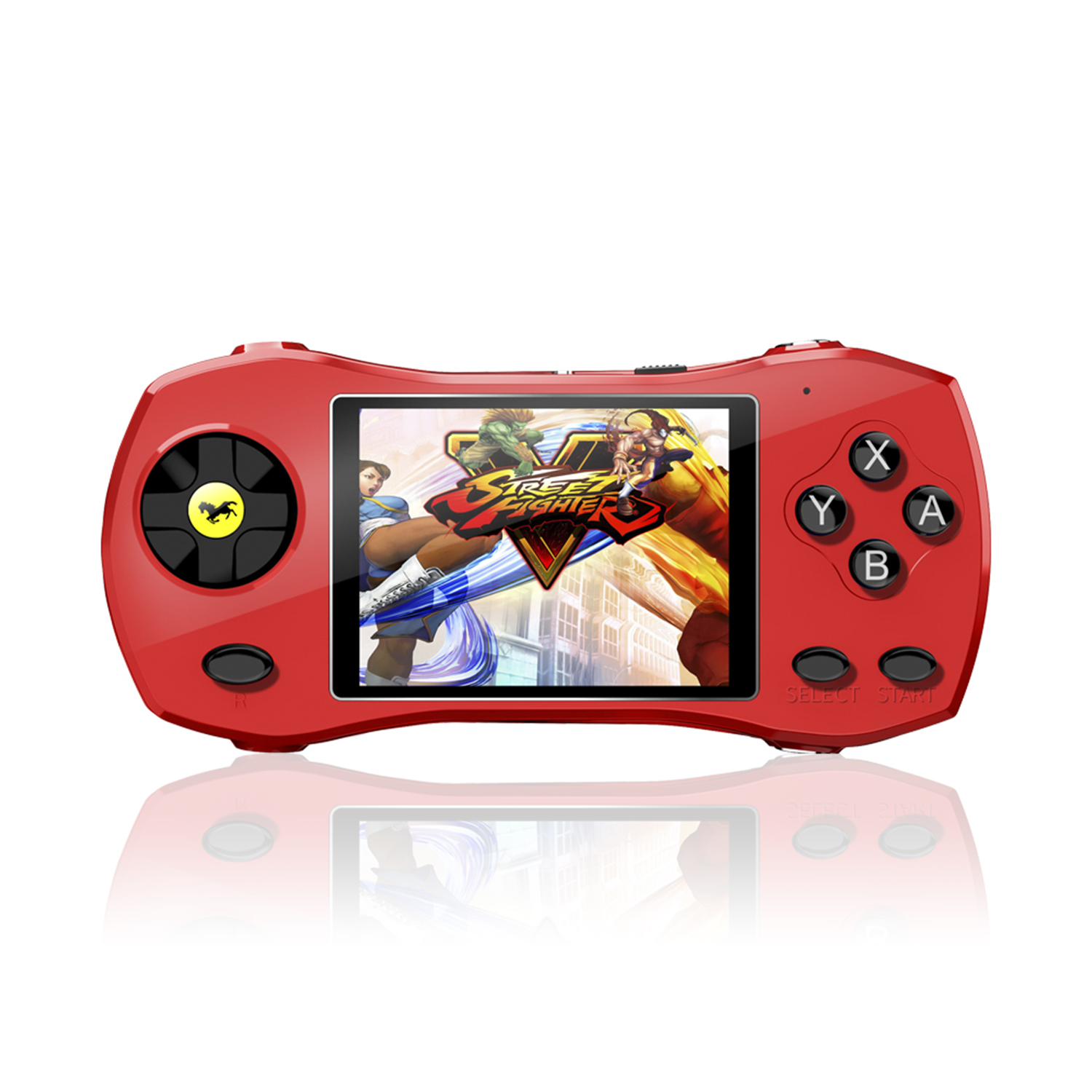 Una console di gioco portatile rossa mostra lo schermo del gioco Street Fighter. Tasti e joystick visibili.