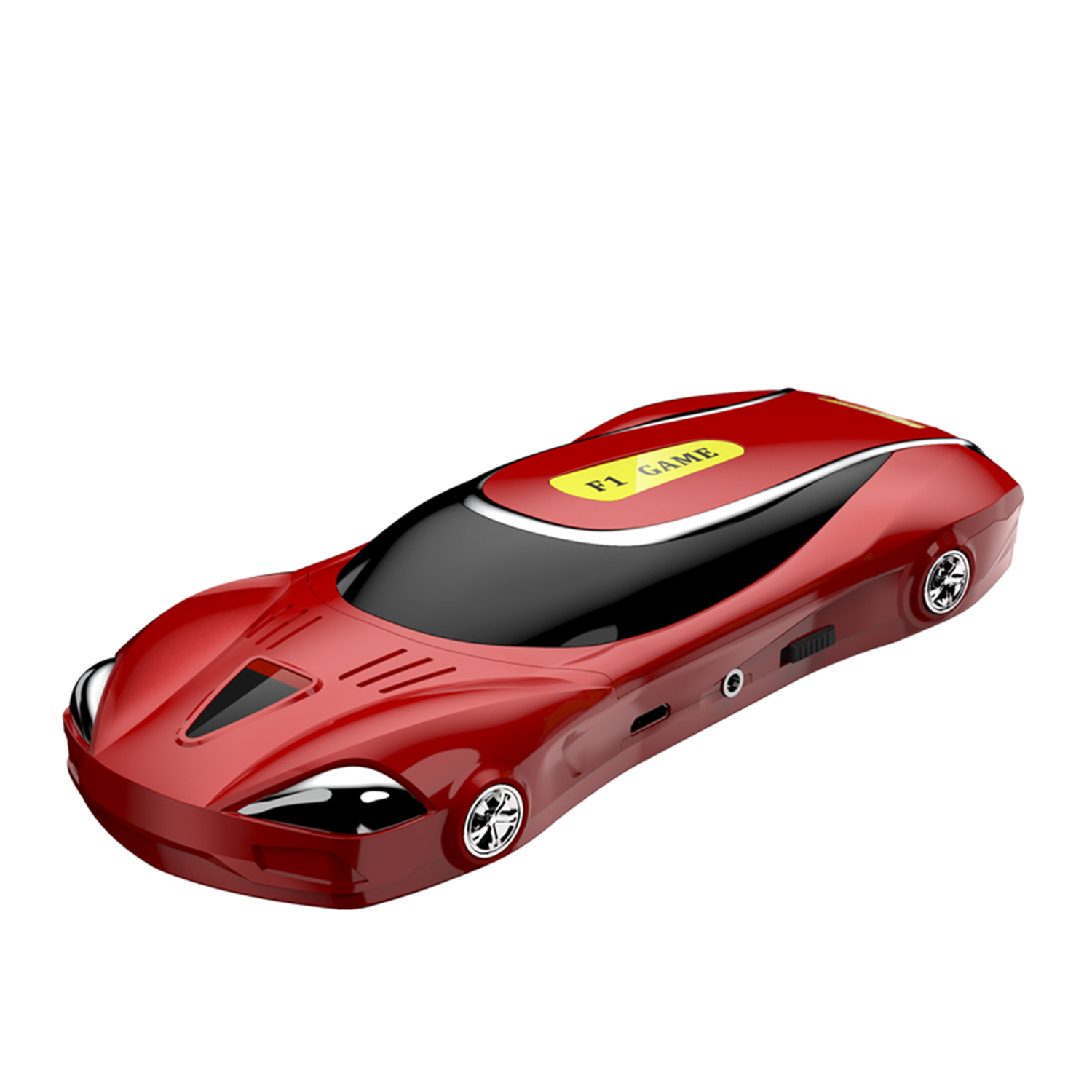 Un'auto giocattolo rossa a forma di auto da corsa. Ha finestrini e fari neri.