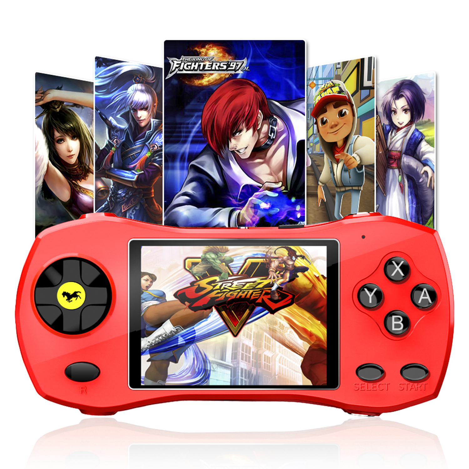 Console di gioco portatile rossa con cartucce di gioco visualizzate. Schermata di gioco con Street Fighter.
