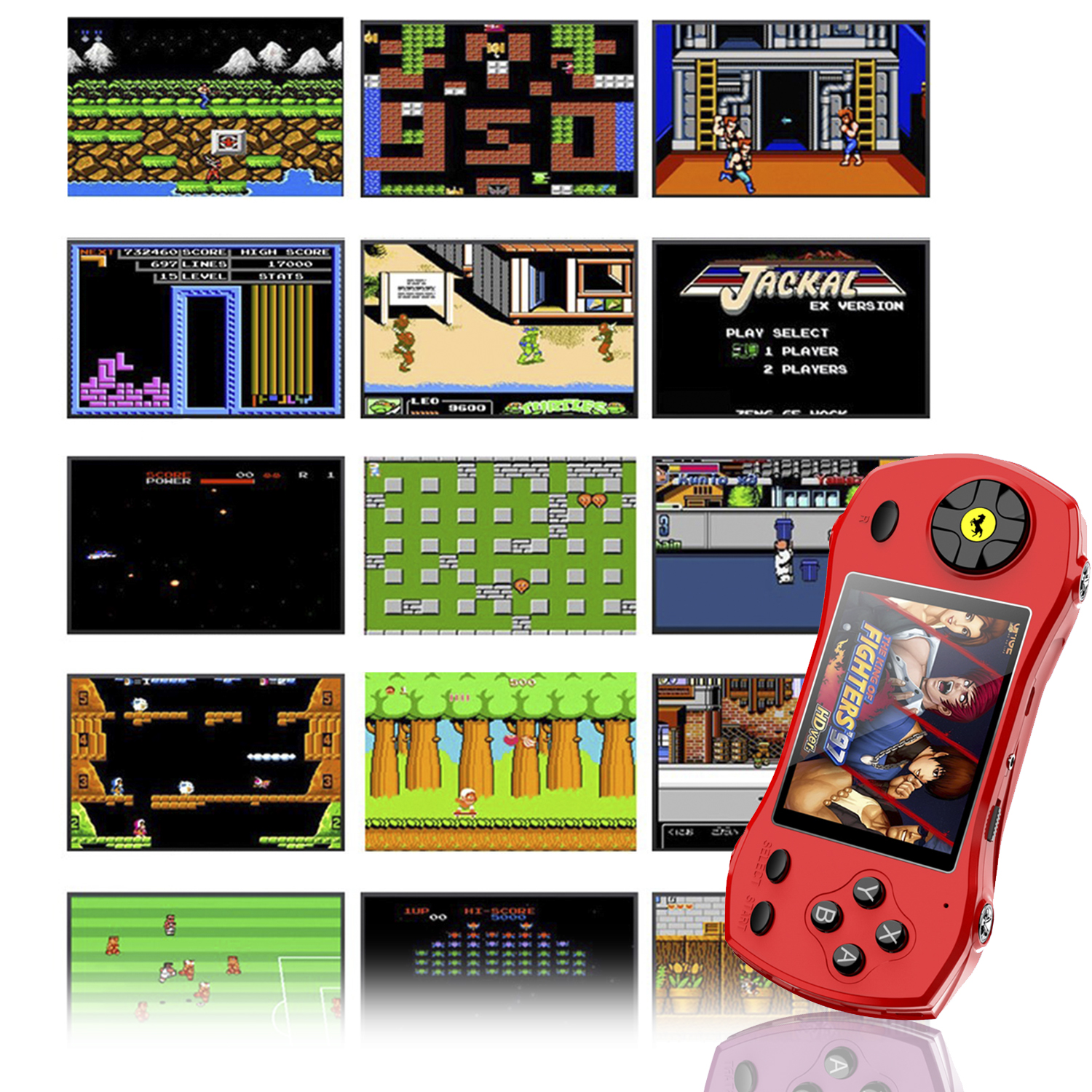 Una console di gioco portatile rossa che mostra vari screenshot di giochi retrò.