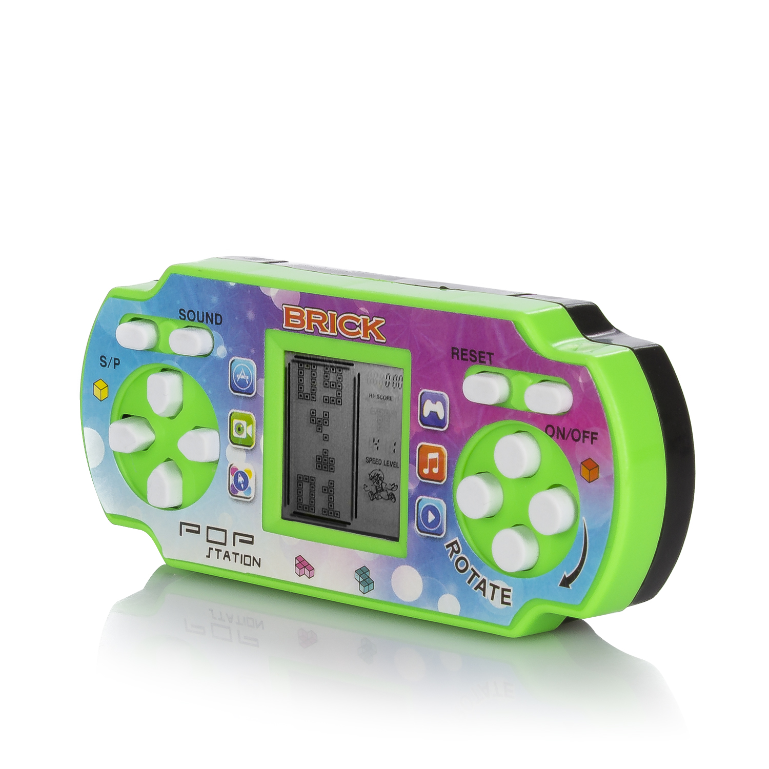 Una console di gioco a mattoncini portatile in verde e bianco con più pulsanti e schermo.