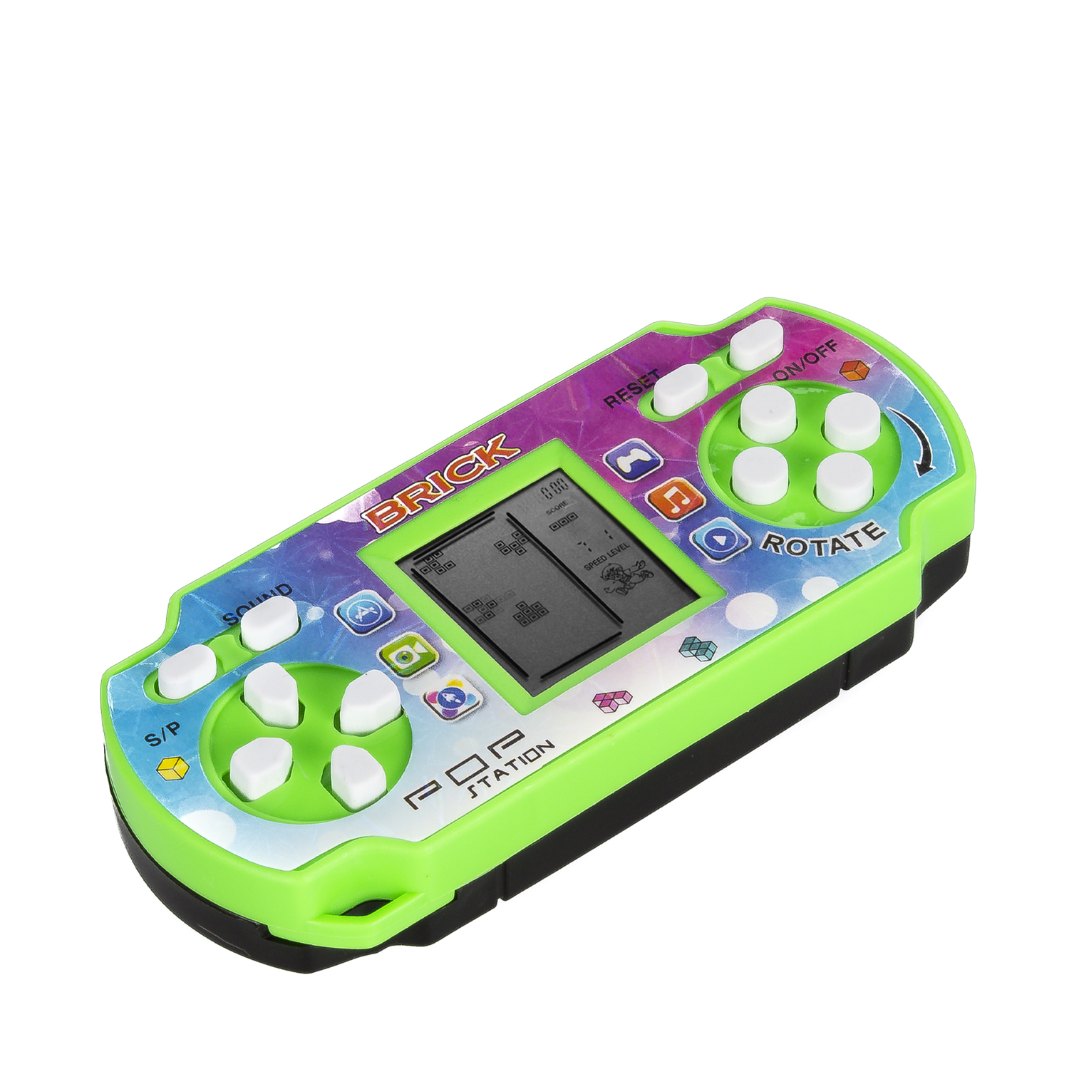 Console di gioco Brick Pop Station verde, con pulsanti e schermo.