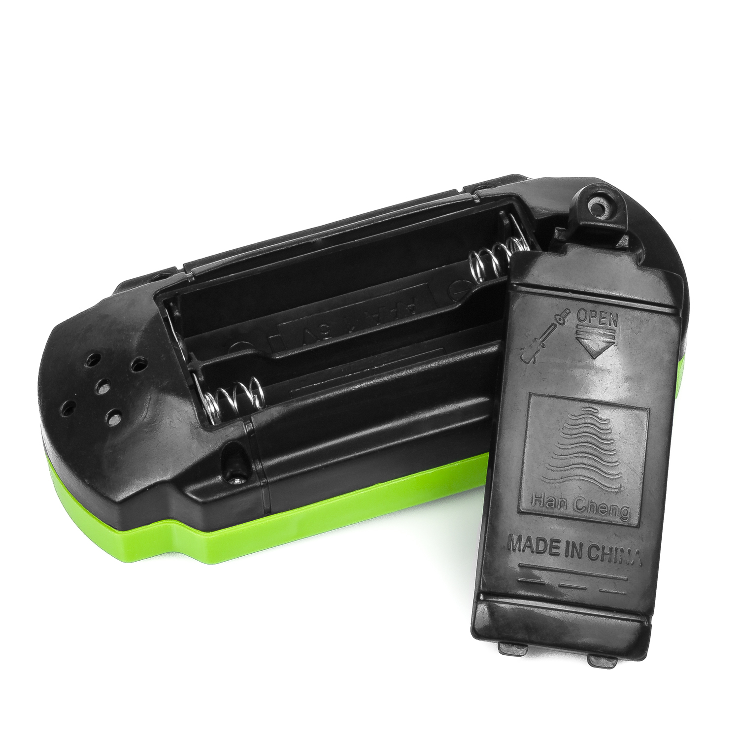 Vano batteria aperto di un dispositivo nero e verde, con coperchio staccato. Le molle sono visibili.
