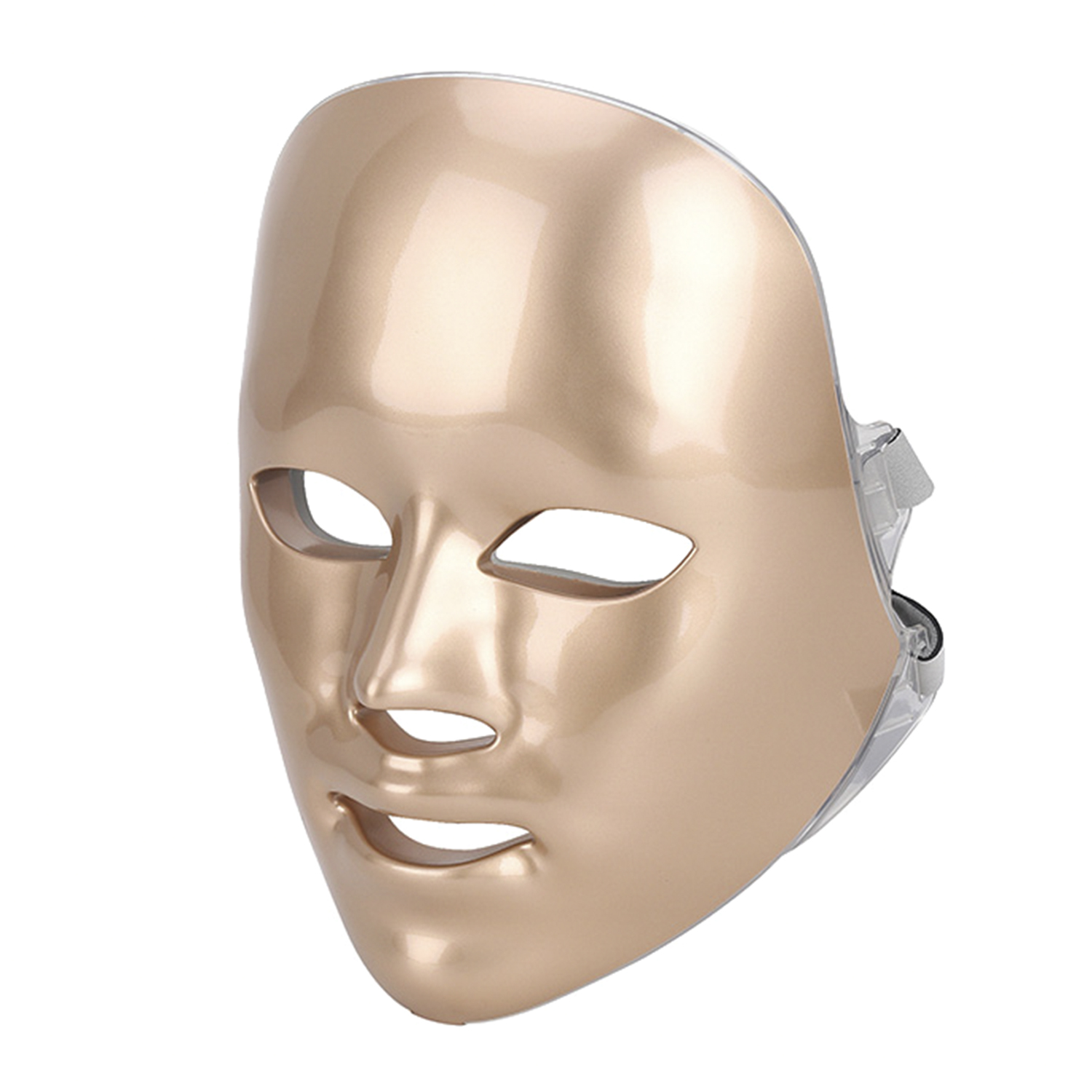 Máscara facial LED dorada. Material plástico con aberturas para ojos, nariz y boca. Fondo blanco.
