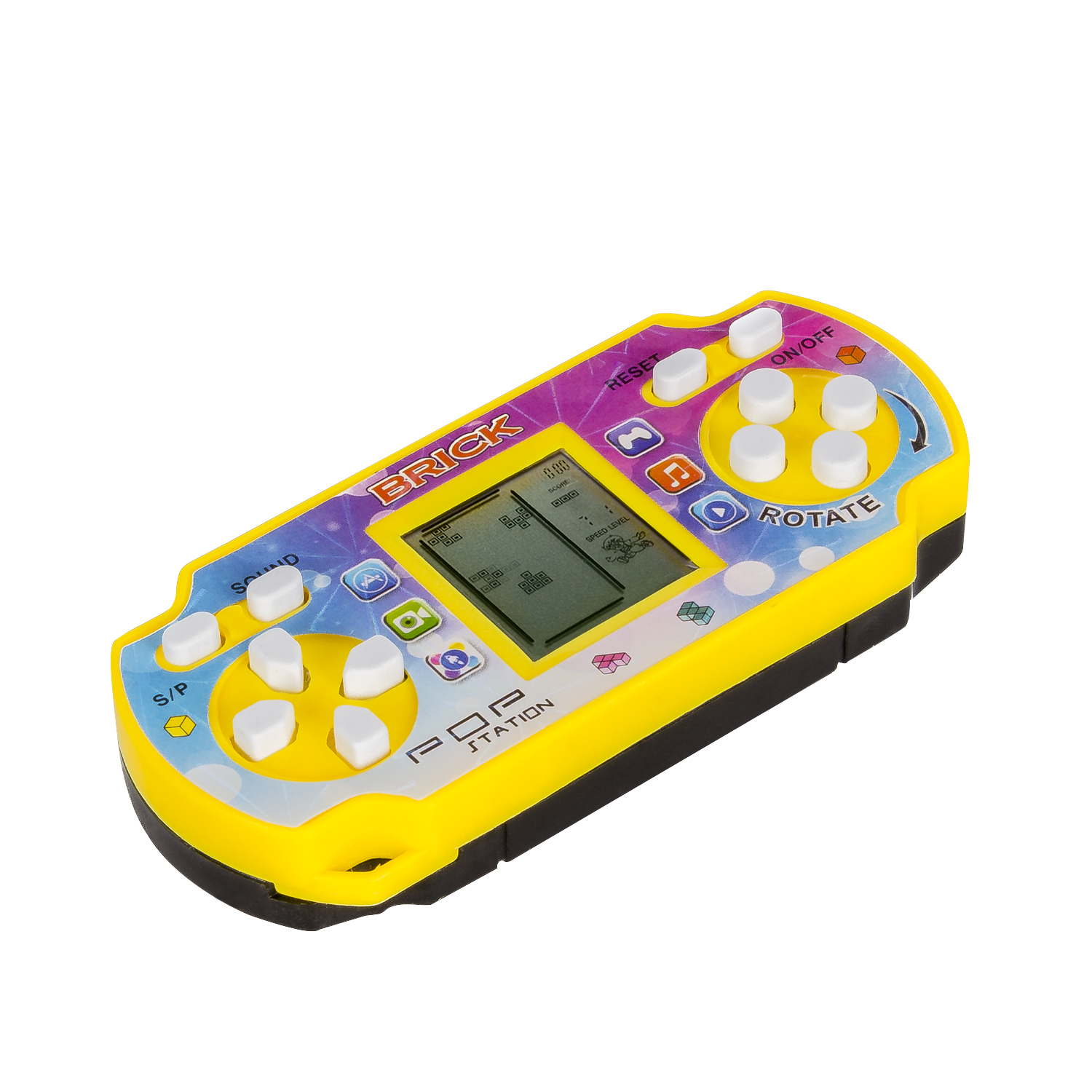 Una console di gioco portatile gialla con uno schermo che mostra un gioco basato su blocchi.