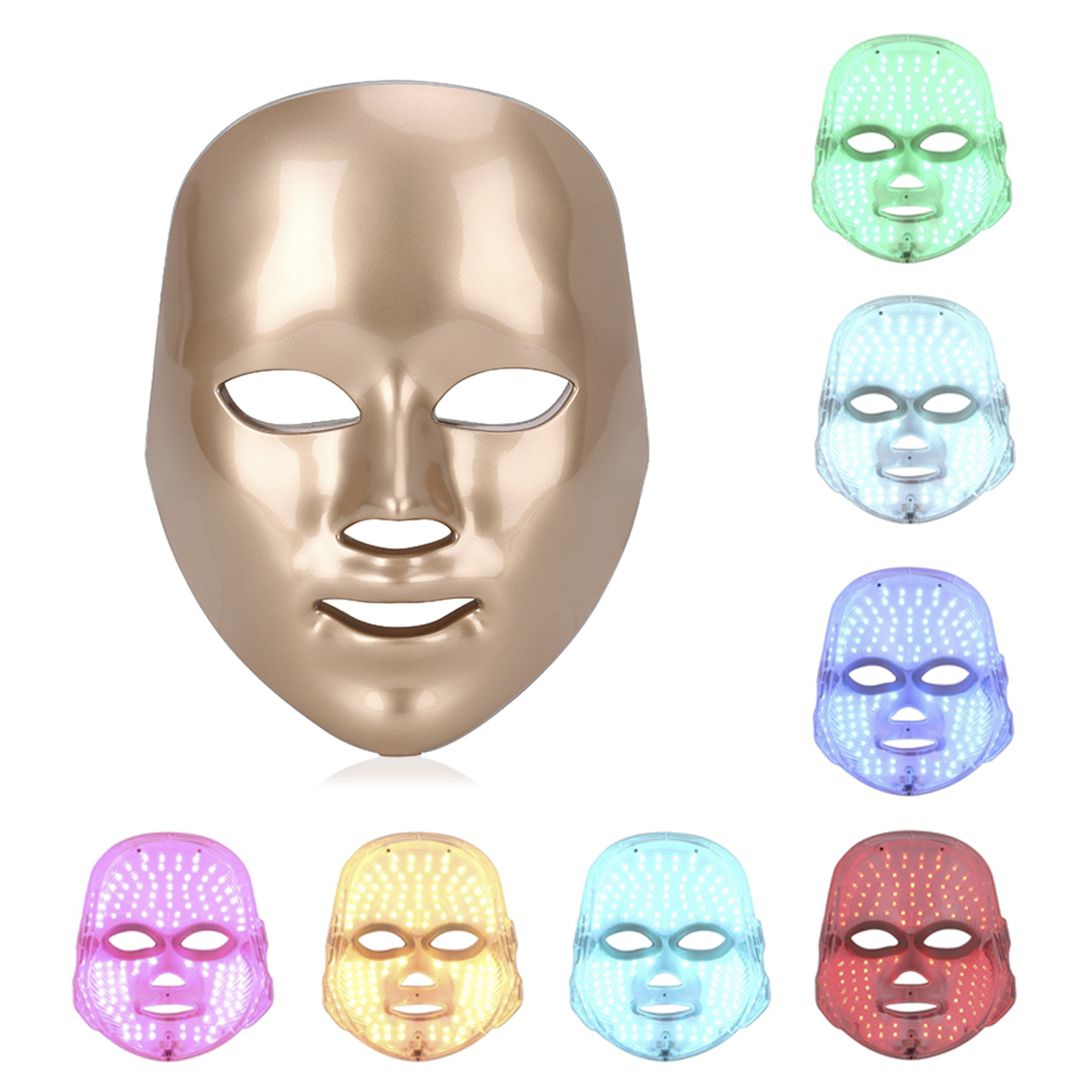 Máscara facial dorada con luces LED de varios colores.