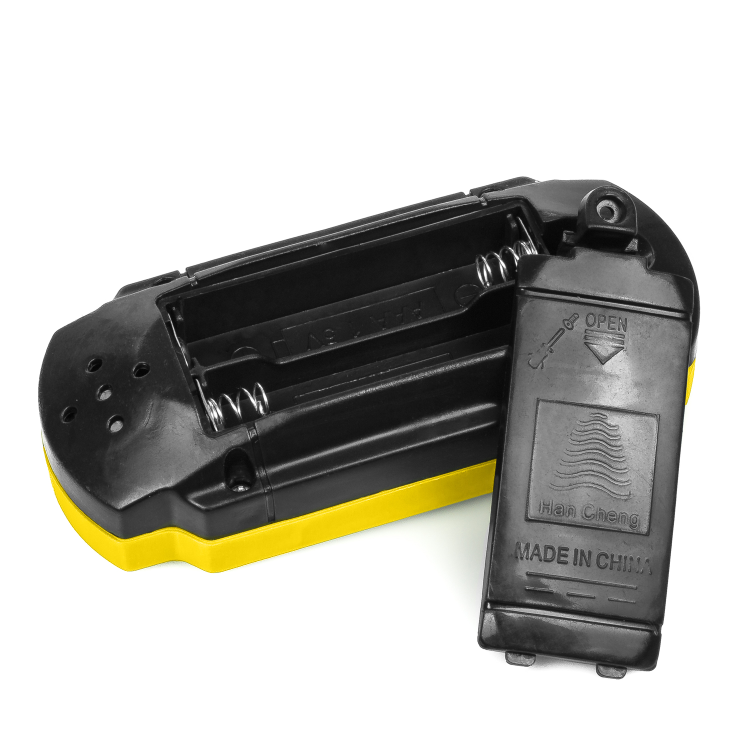 Un vano batteria aperto di un dispositivo, che mostra l'interno. È nero e giallo, con un coperchio nero.