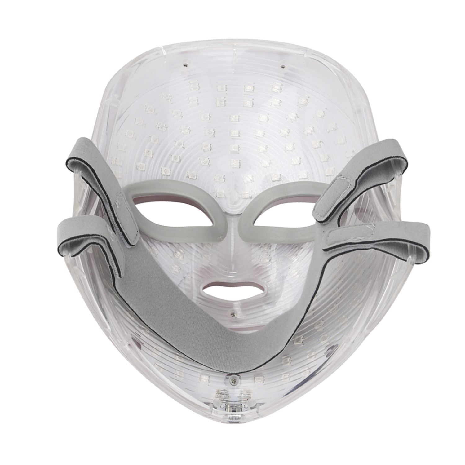 Una máscara facial LED transparente con correas grises, diseñada para usarse en la cara, sobre un fondo blanco.