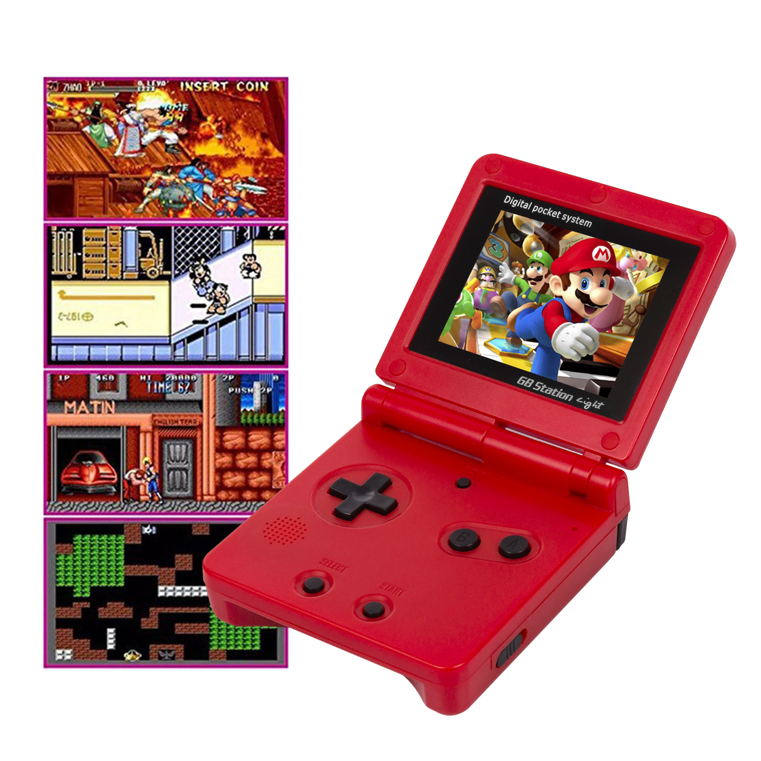 Una console di gioco portatile rossa che mostra schermate di giochi retrò.