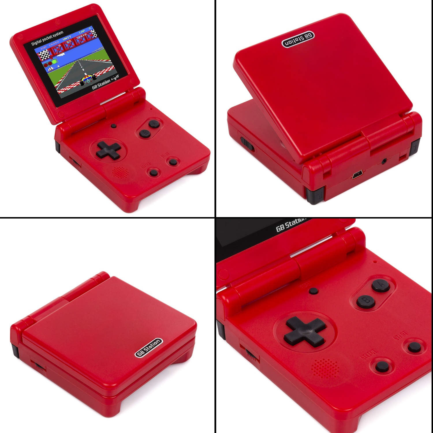 Console portatile GB Station rossa. Il display mostra un gioco di corse. Diverse viste.
