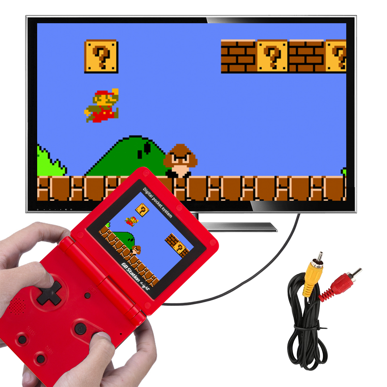 Mani che tengono una console rossa con Super Mario Bros sulla TV. Cavo e connettori visibili.