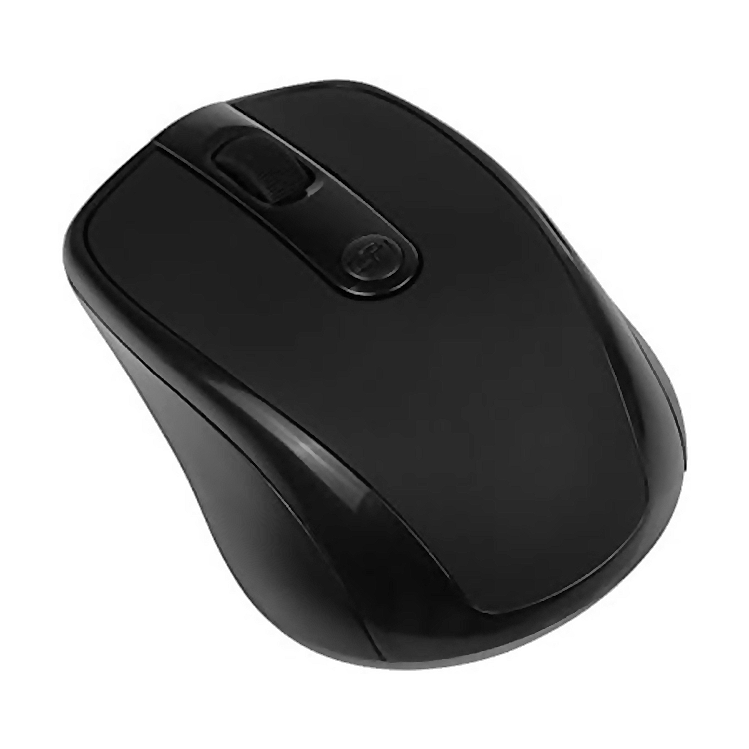 Ratón de ordenador inalámbrico negro. Tiene una rueda de desplazamiento y un botón.