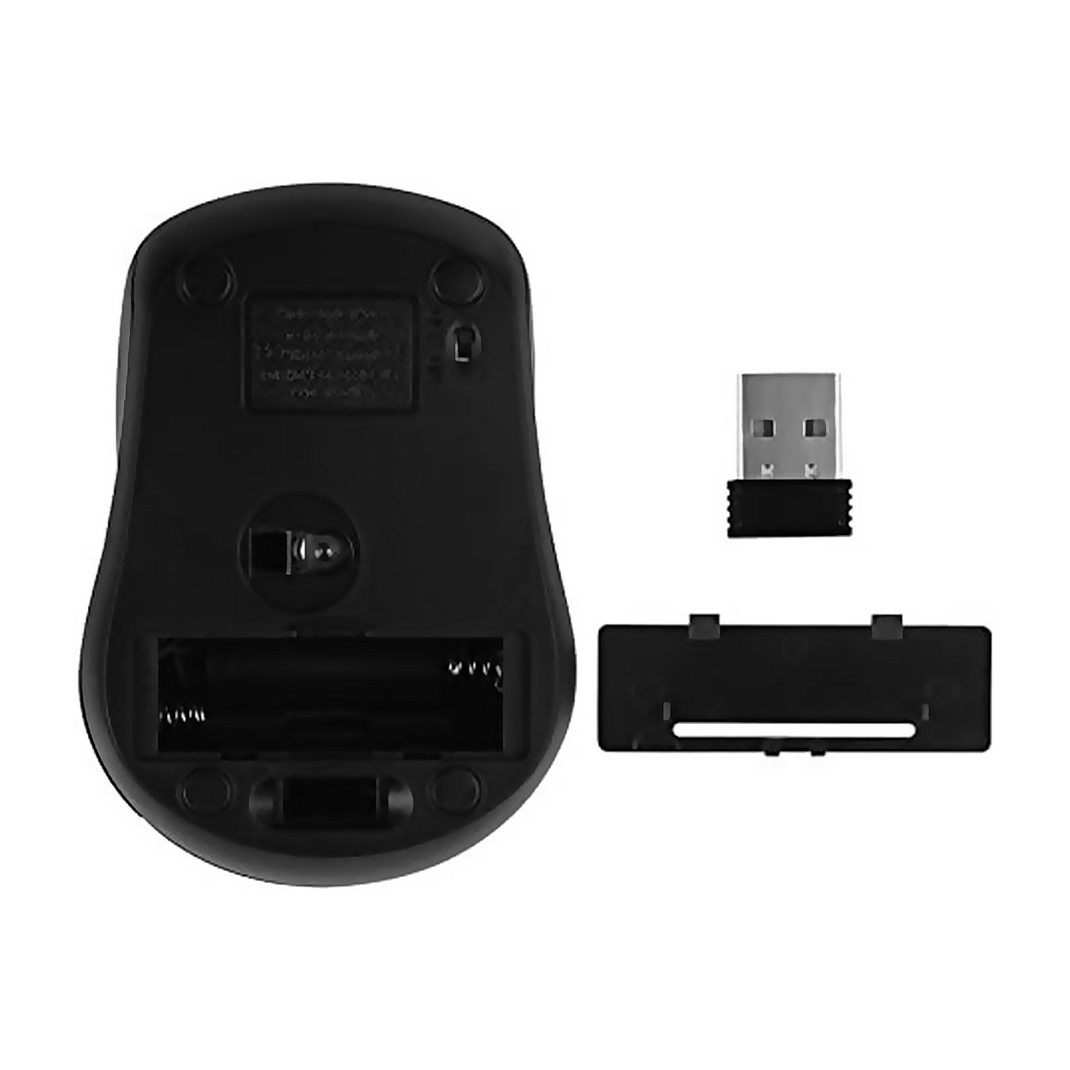 Vista inferior de un ratón de ordenador negro. Compartimento de la batería y receptor USB inalámbrico.