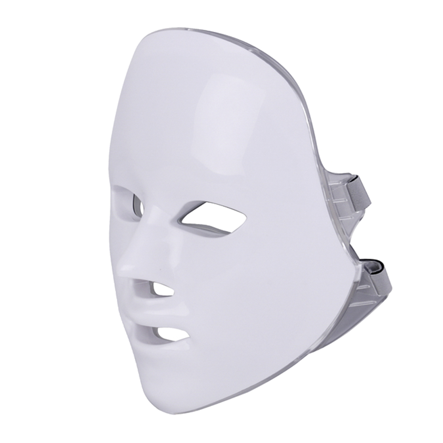 Maschera facciale bianca con fori per occhi e bocca, con cinghie grigie.