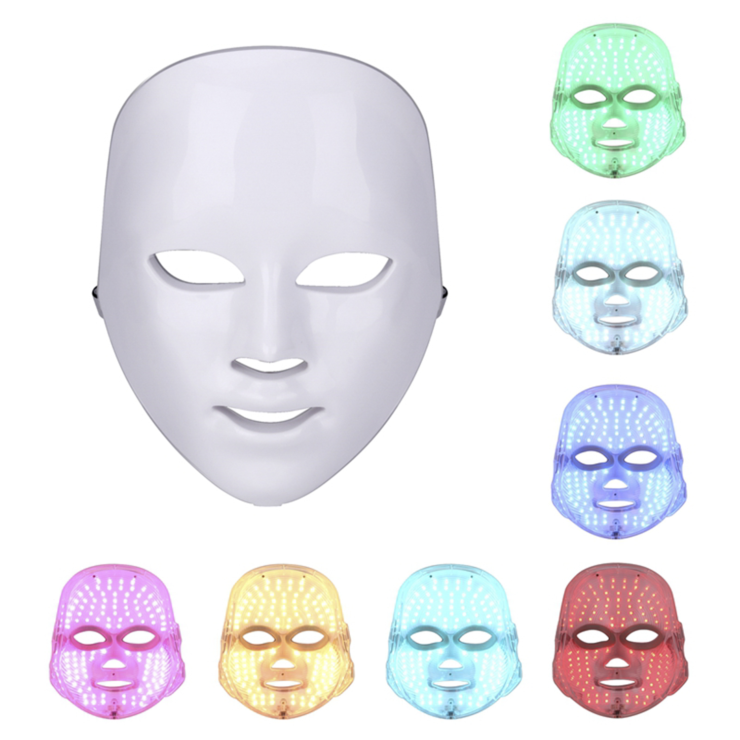 Maschera facciale a LED bianca, con varie impostazioni di colore della luce.