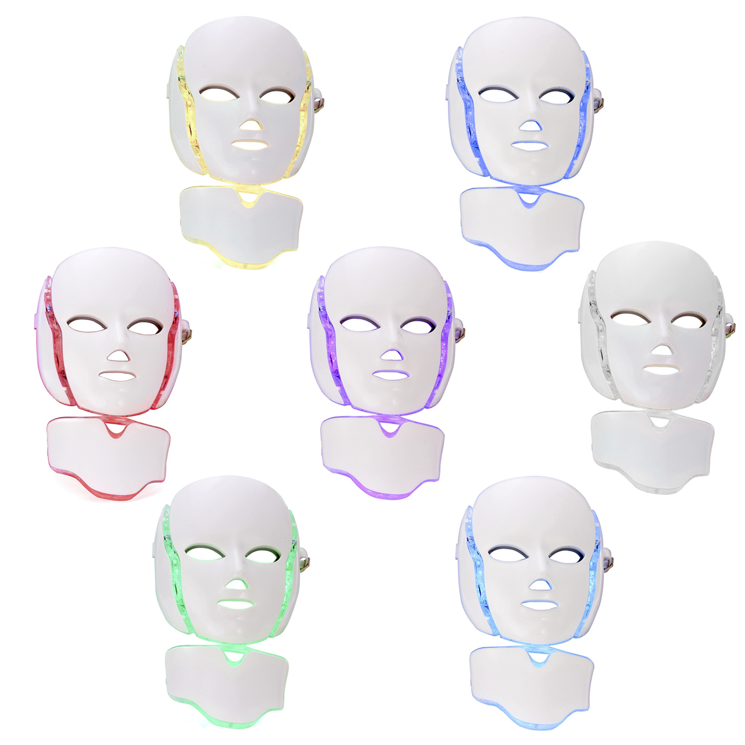 Múltiples máscaras de terapia de luz LED en blanco con tiras de luz de diferentes colores.