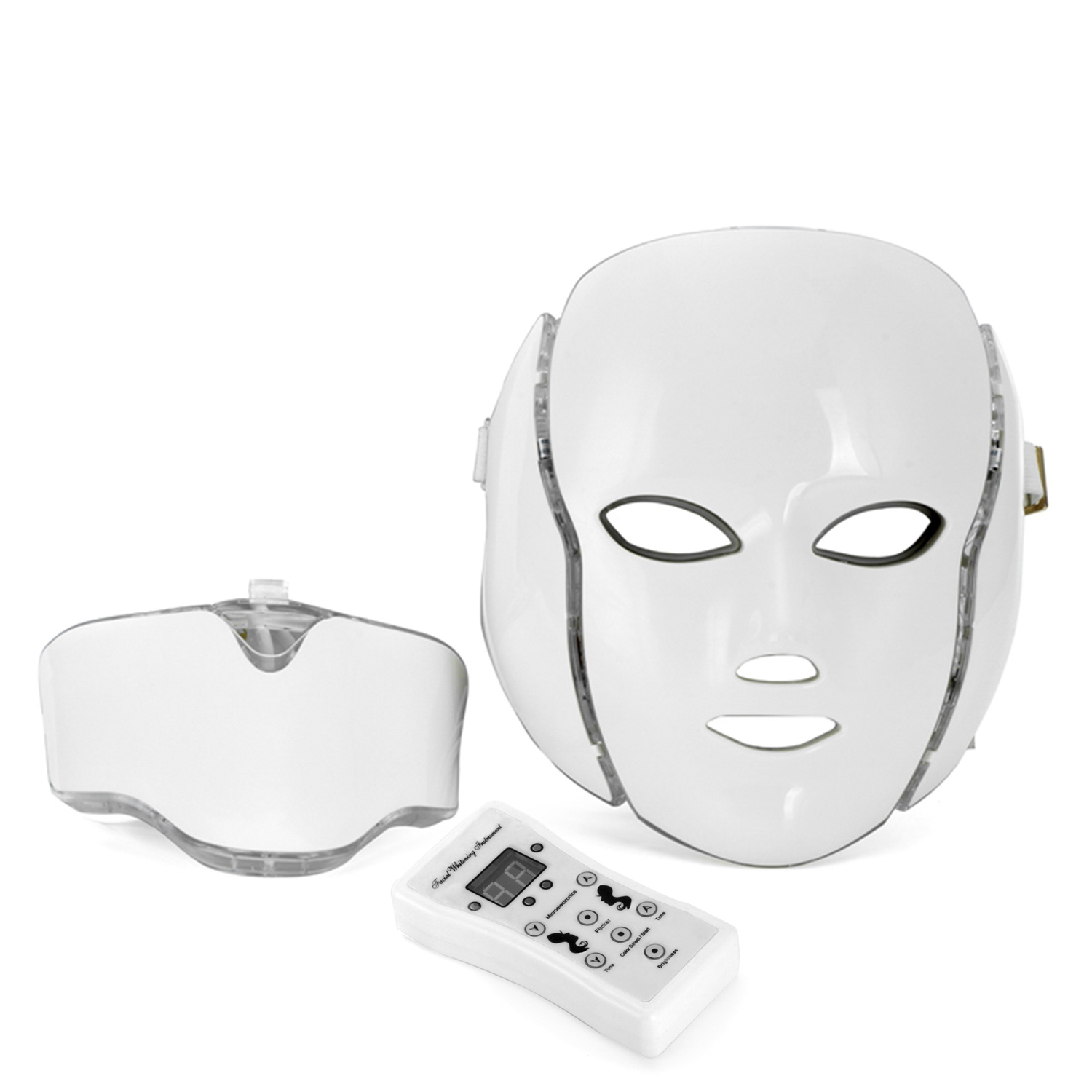 Una máscara facial LED blanca, un protector ocular transparente y un pequeño control remoto blanco, todo sobre fondo blanco.